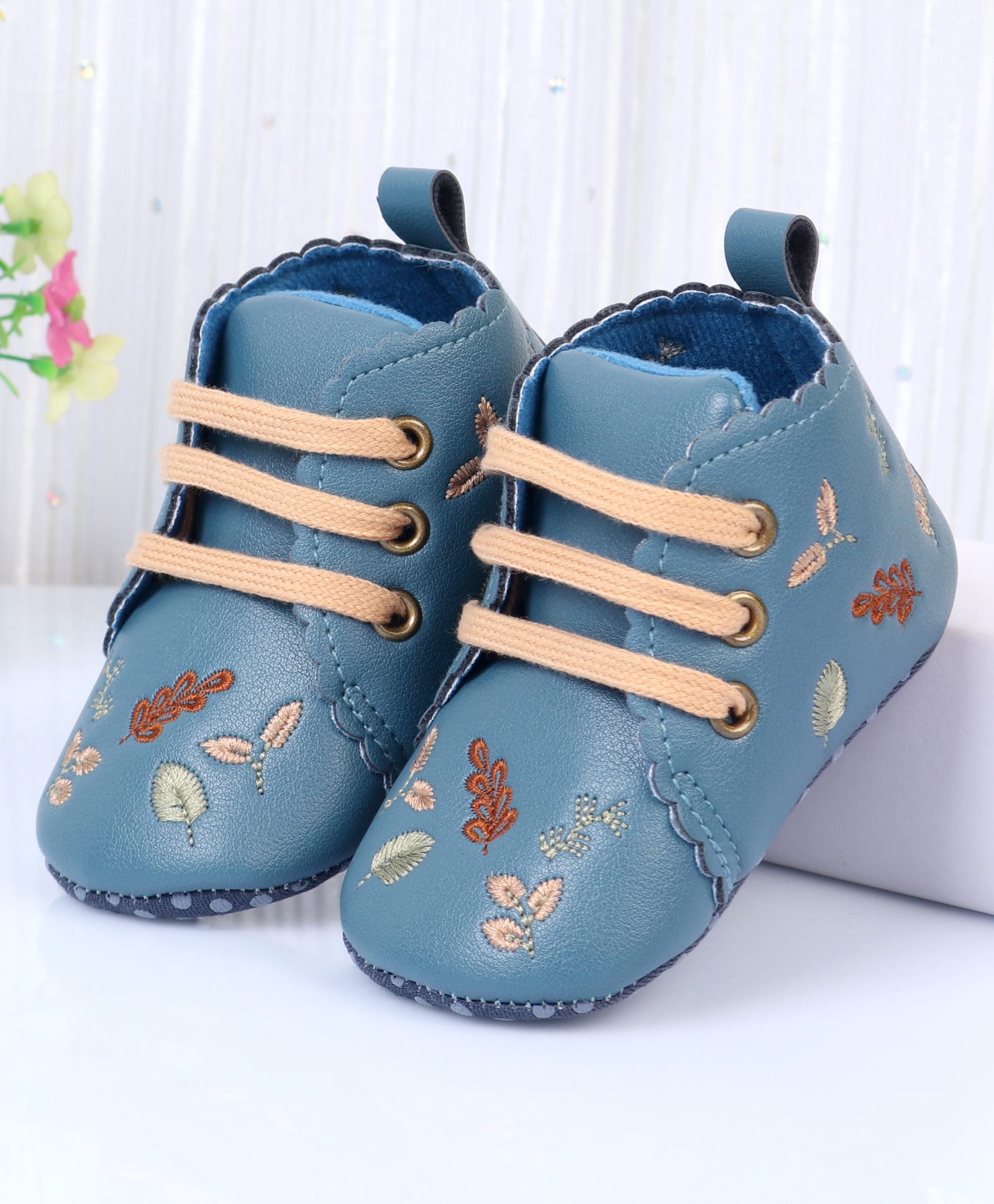 Cute Walk by Babyhug Slip On Booties With Leaf Embroidery - Blue-image-15