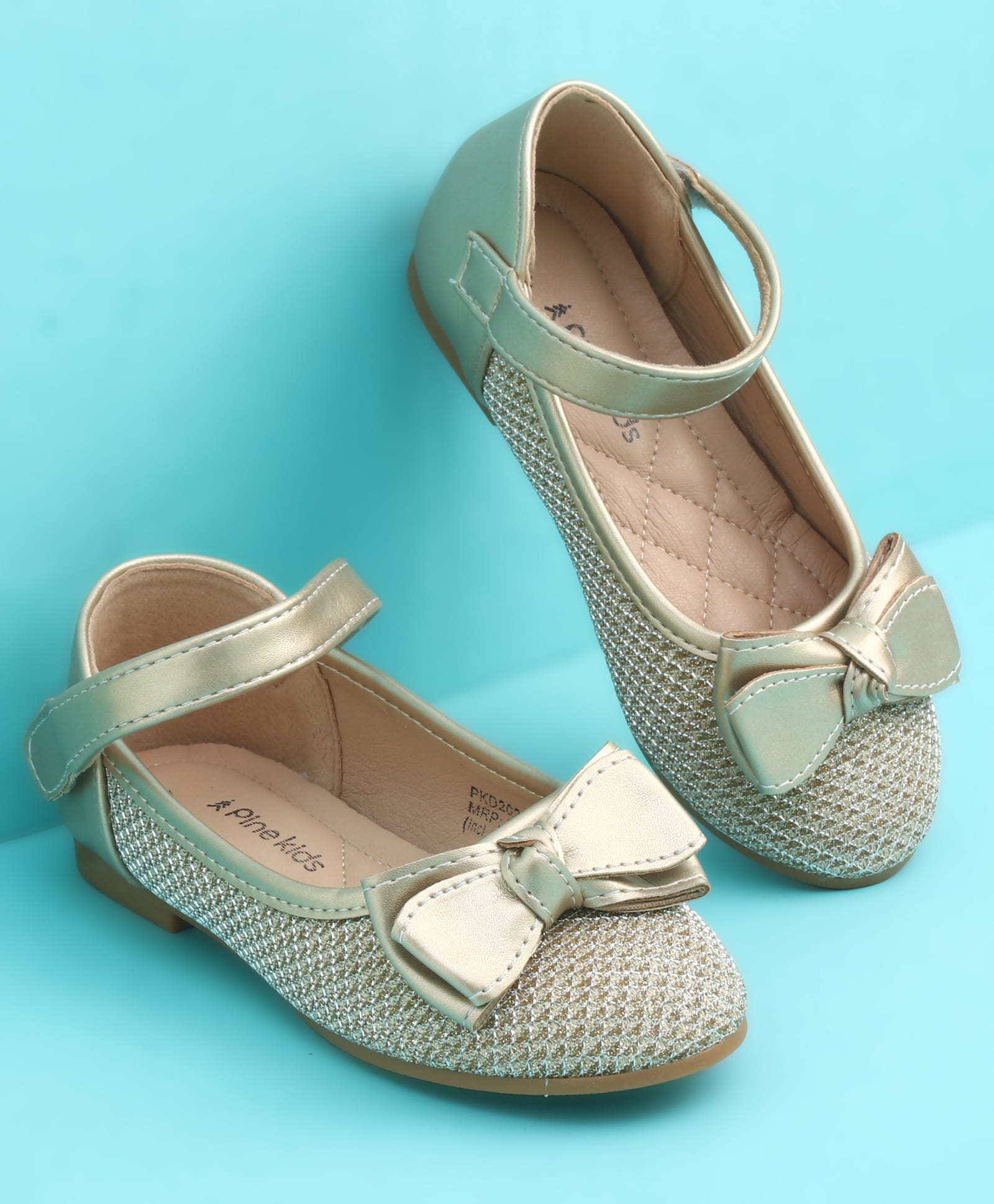Pine Kids Velcro Closure Closed Toe Ballerina with Bow Applique - Golden
