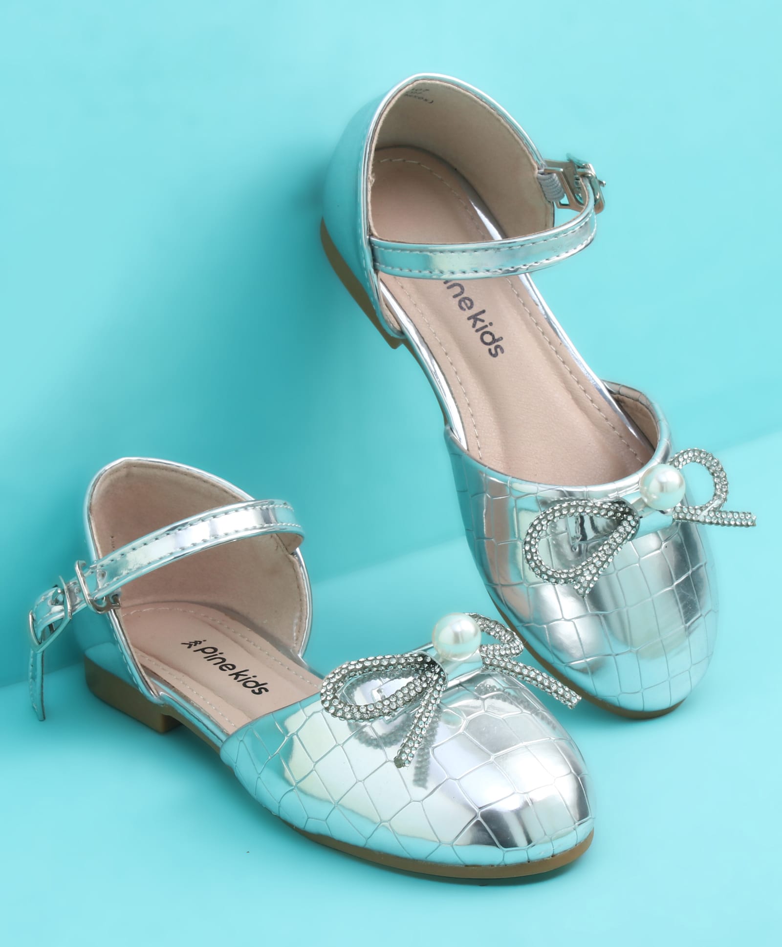 Pine Kids Buckle Closure Closed Toe Ballerina with Bow Applique - Silver-image-41