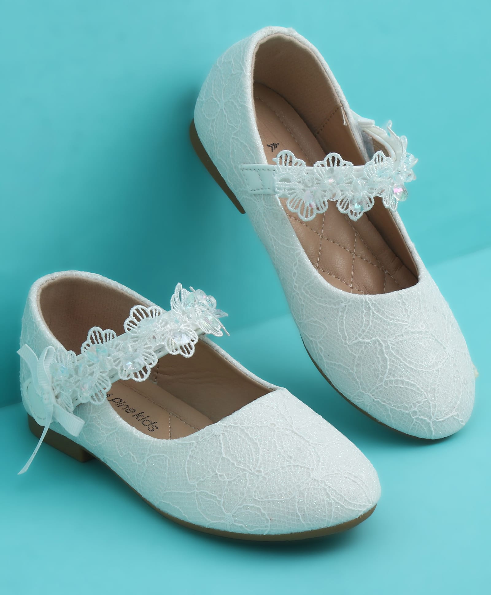Pine Kids Velcro Closure Closed Toe Ballerina with Embroidery - White