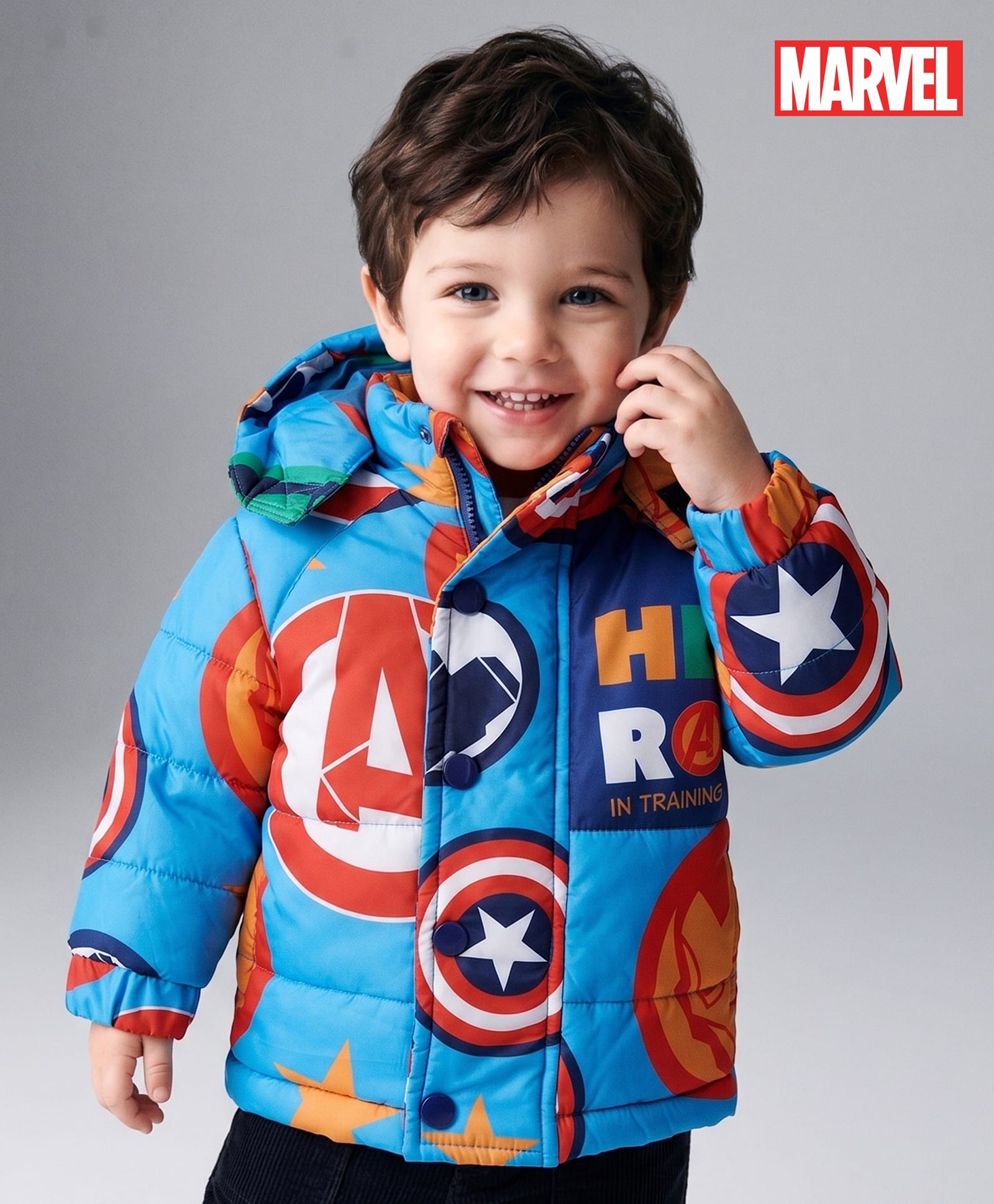Babyhug Marvel Woven Winter Jacket with Full Sleeves and Hero In Training Print - Blue for 3-6 Months-image-10