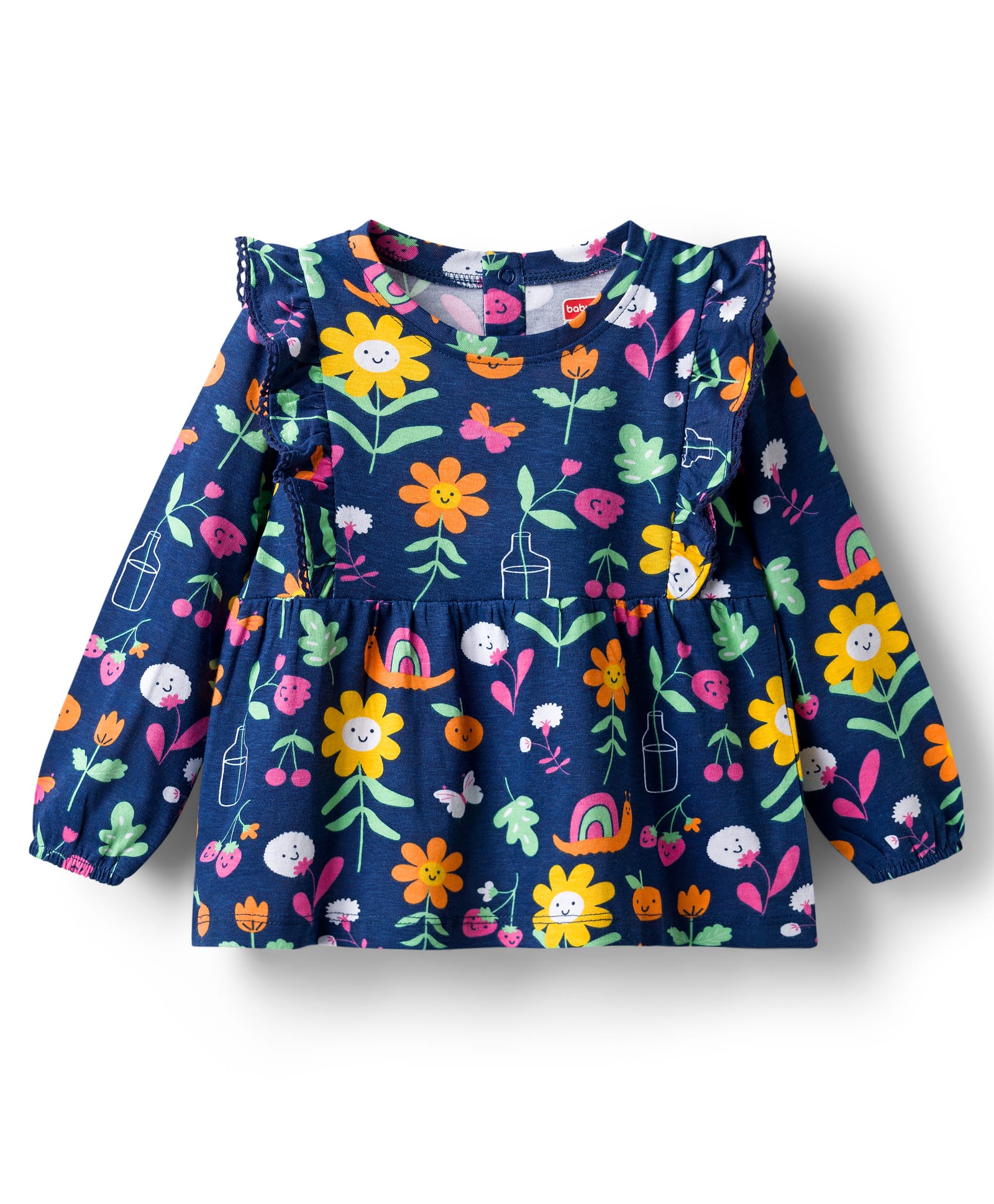 Babyhug 100% Cotton Knit Full Sleeves Top With Floral Print & Frill Detailing - Navy Blue-picture-18