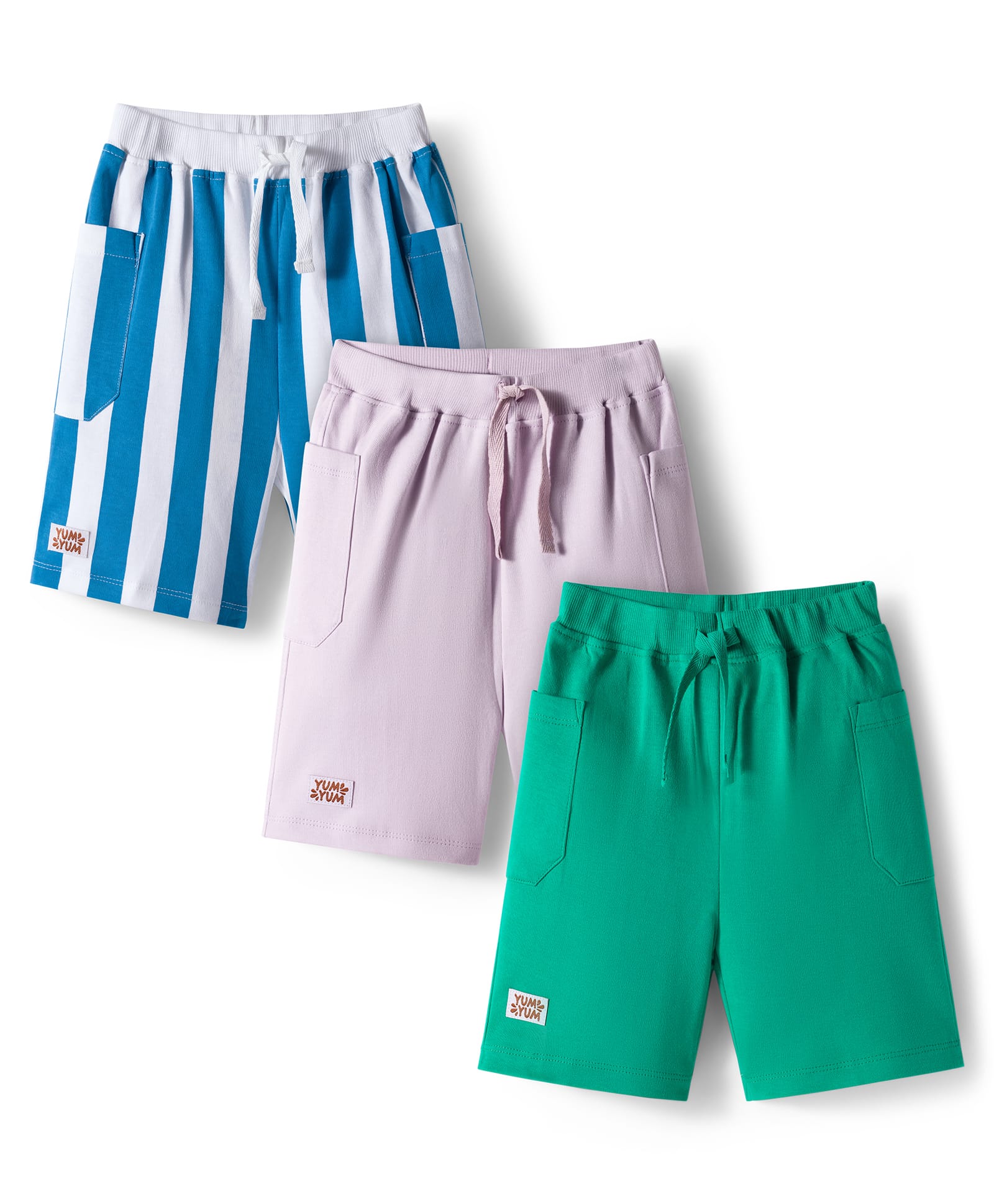 Bonfino 100% Cotton Knit Above Knee Length Solid & Striped Cargo Shorts Pack of 3 - Beige Blue & Green-picture-15