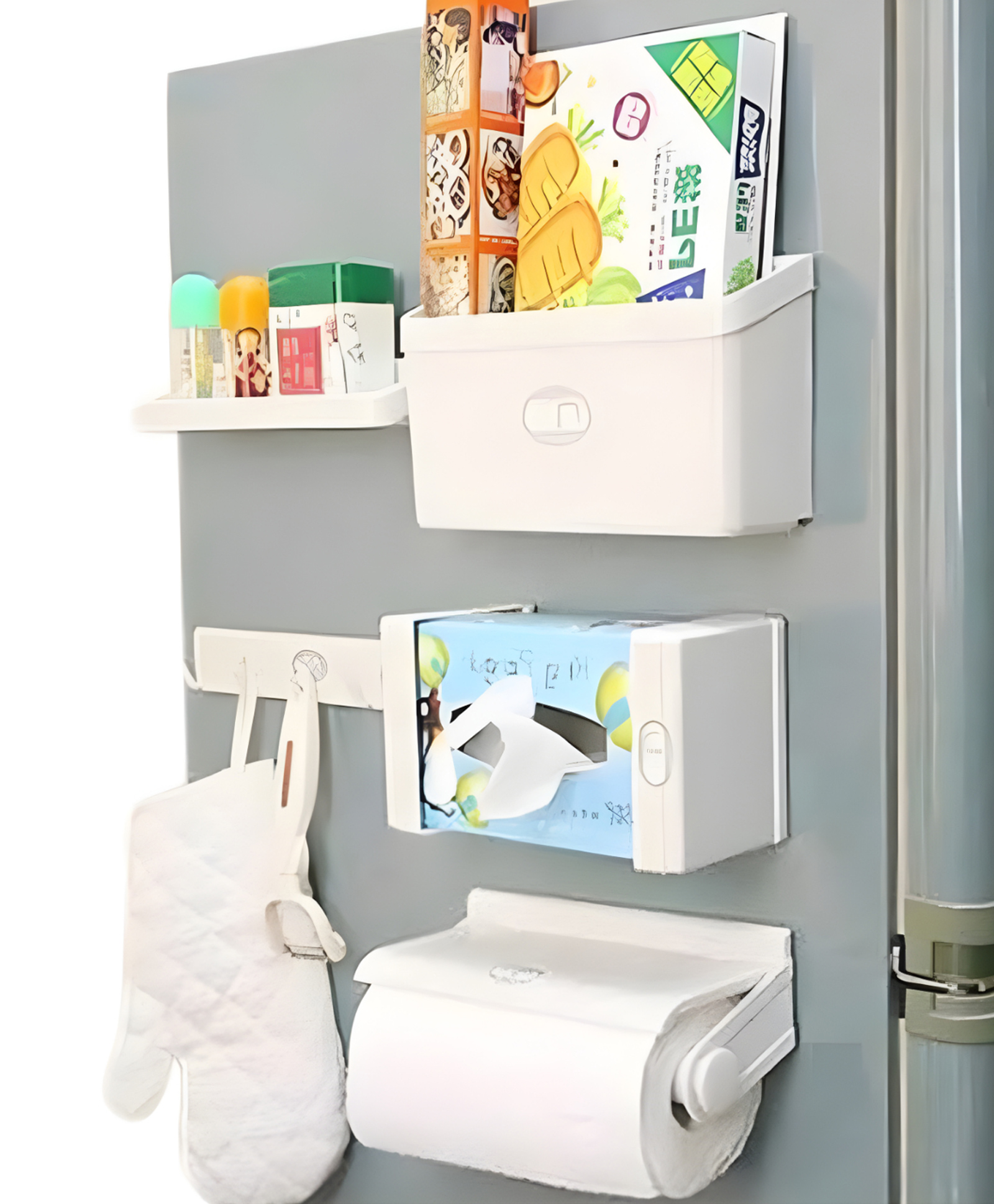 COZY VIBES 5-in-1 storage rack fridge organizer set with a magnetic tissue paper roll holder, towel rack, paper roll dispenser, and fridge organizer for your home kitchen - PACK OF 1 - COLOR MAY VARY-image-32