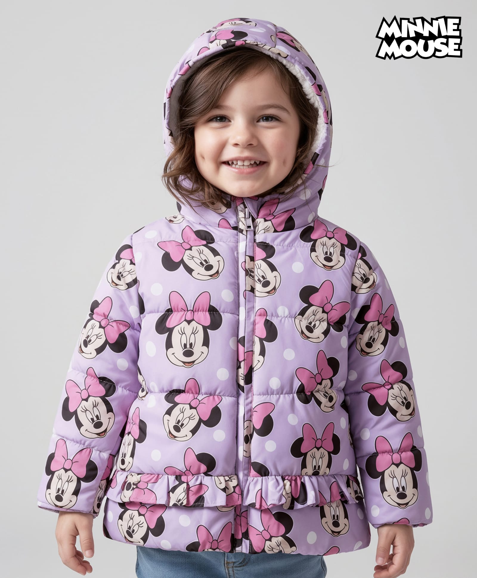 Babyhug Disney Woven Full Sleeves Hooded Padded Jacket With Minnie Mouse Print - Pink-image-13
