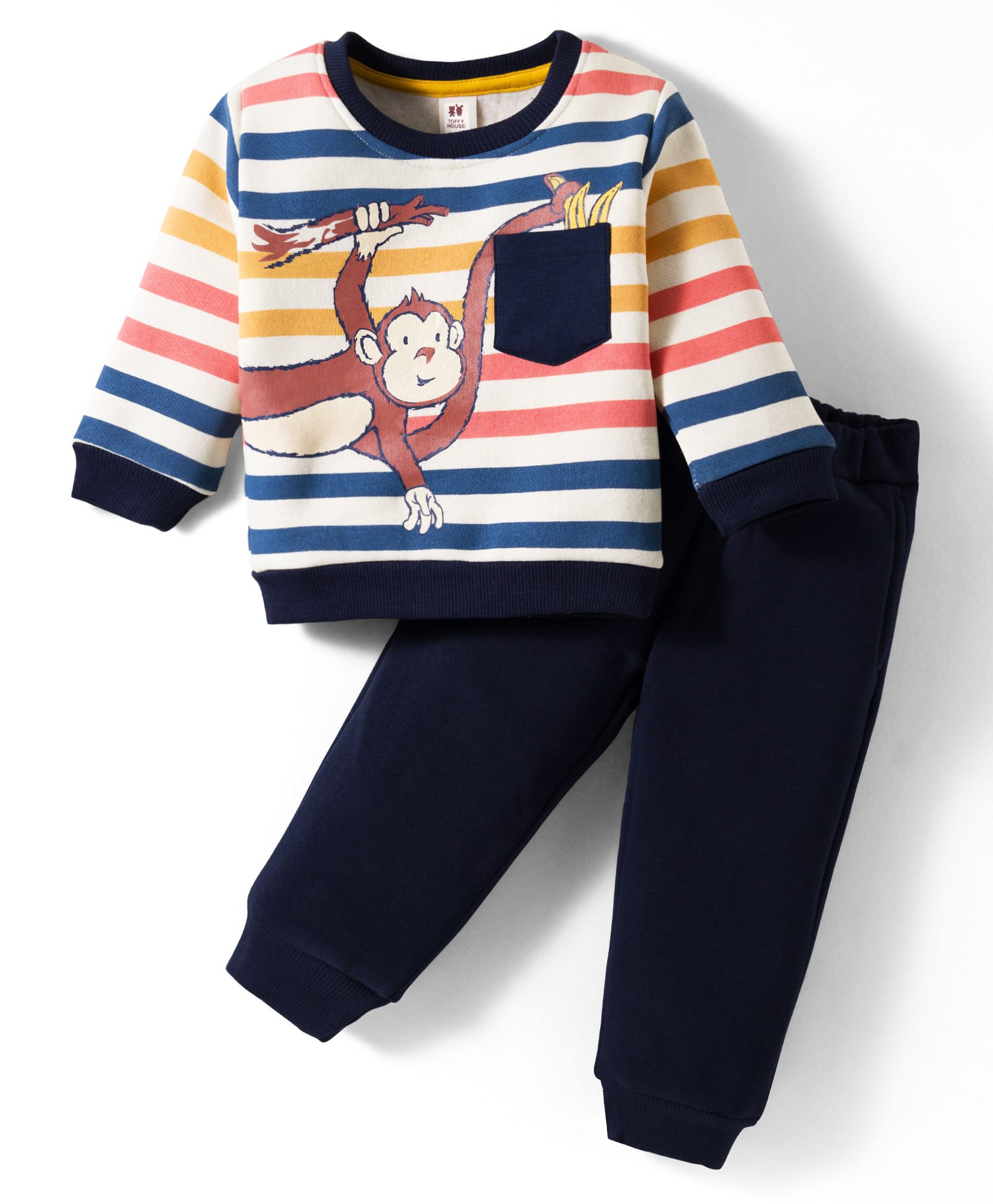 ToffyHouse Fleece Knit Full Sleeves Winter Wear T-Shirt & Joggers Set with Stripes & Animal Print - Navy Blue & White-image-20