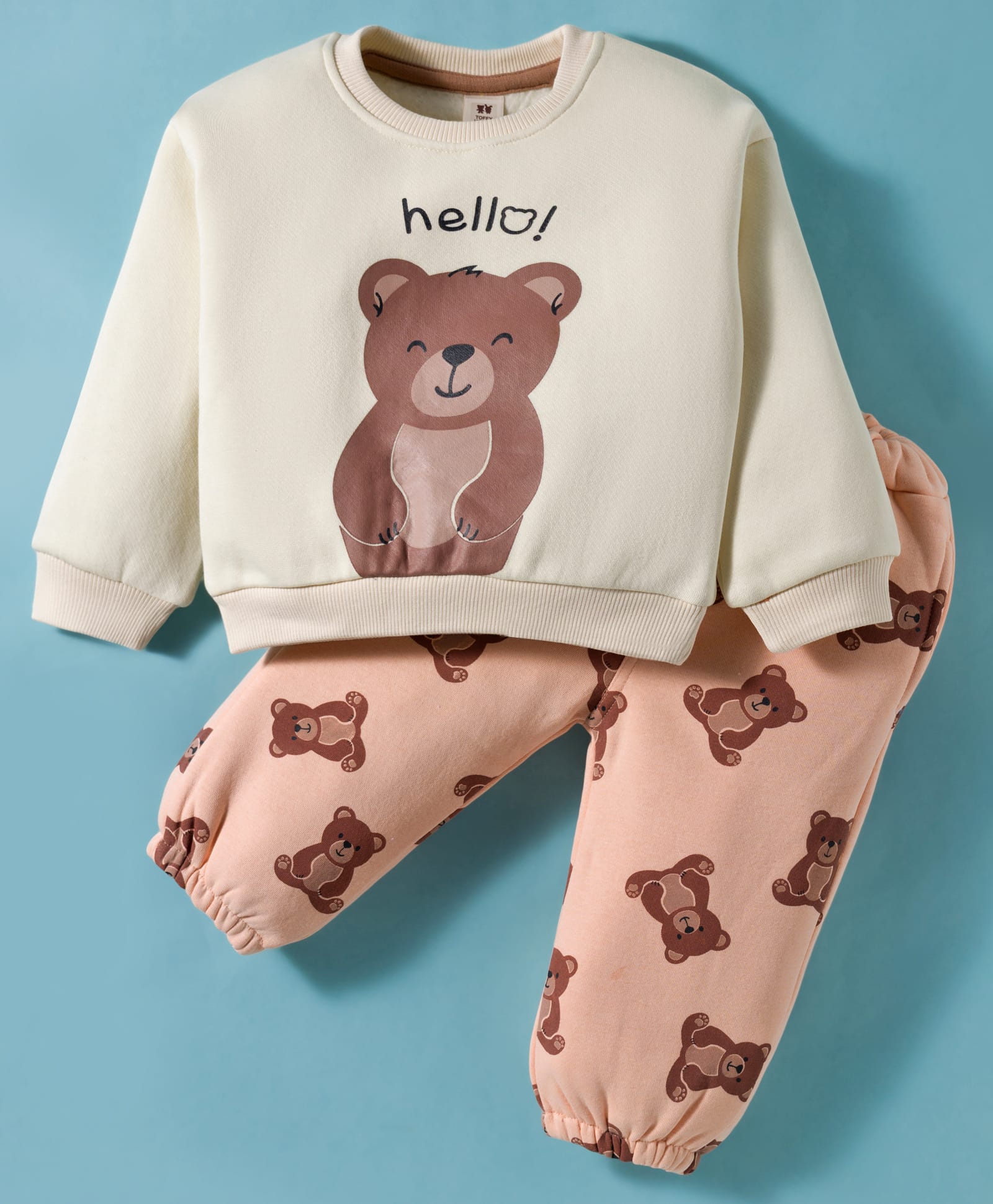 ToffyHouse Fleece Knit Full Sleeves Winter Wear T-Shirt & Joggers Set with Teddy Print - Beige & Peach-picture-34