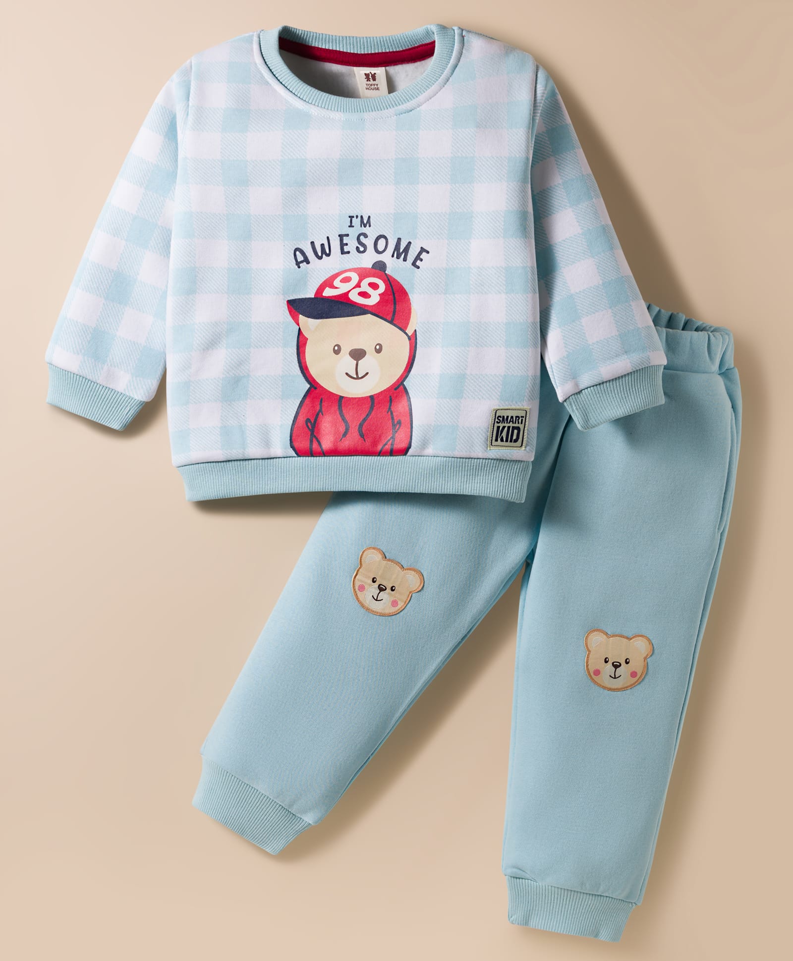 ToffyHouse Fleece Knit Full Sleeves Checkered Winter Wear Suit with Bear Print & Patch Detailing - Light Blue-image-36