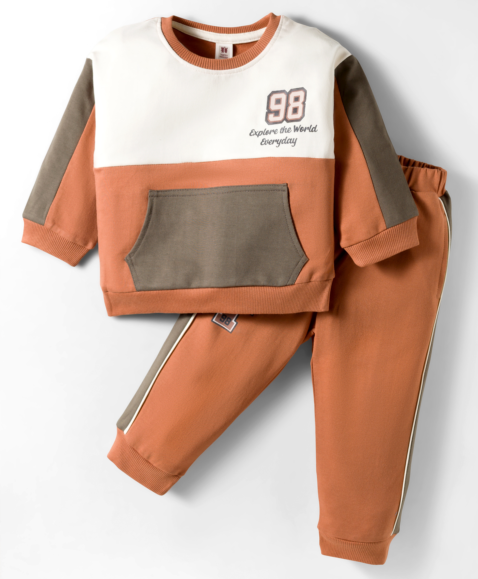 ToffyHouse Fleece Knit Full Sleeves Cut & Sew Winter Wear T-Shirt & Lounge Pant Set with Text Print & Kangaroo Pocket - Brown-image-36