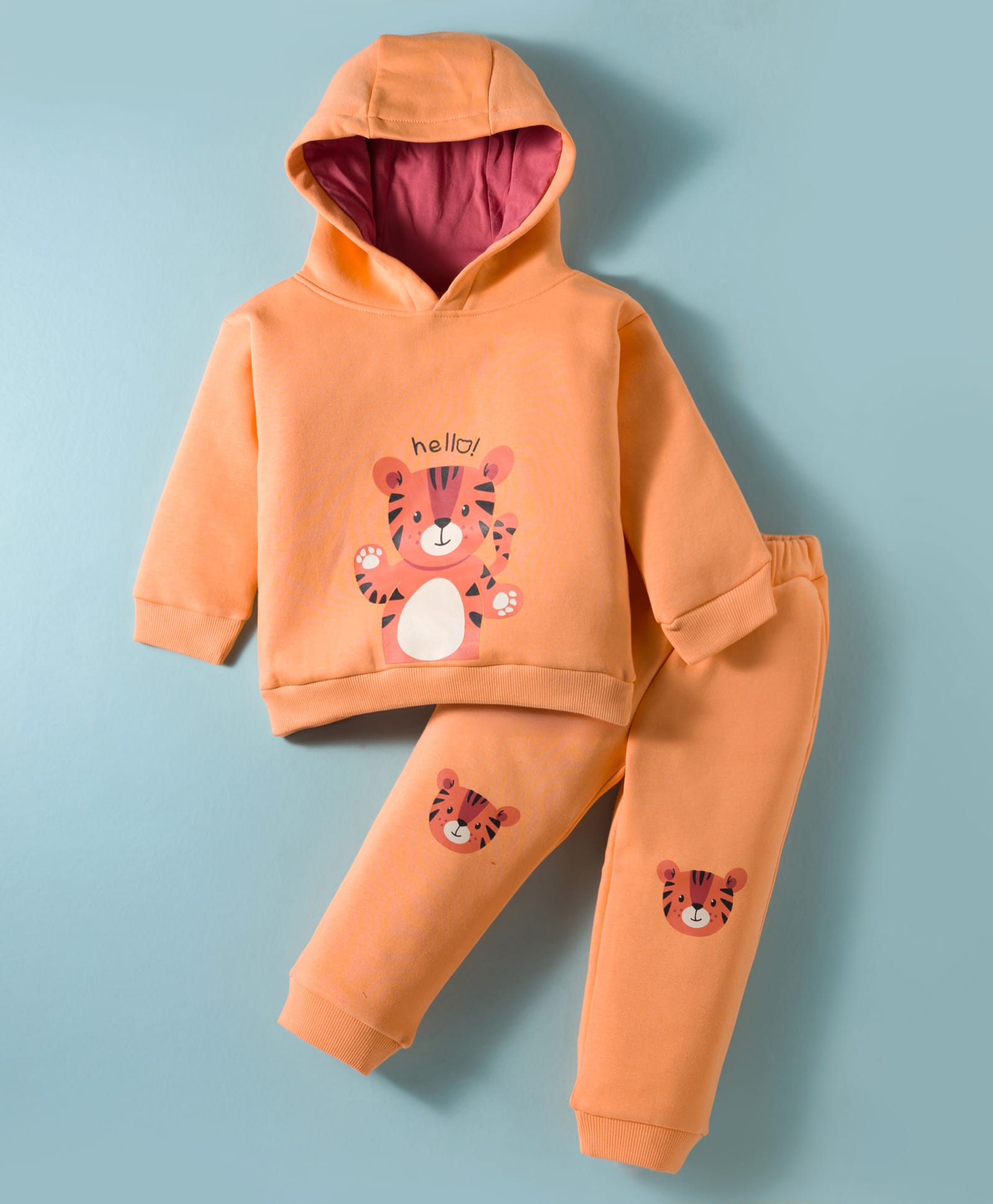ToffyHouse Fleece Knitted Full Sleeves Hooded Winter Wear T-Shirt & Lounge Pant Set with Cub Print - Orange-image-46