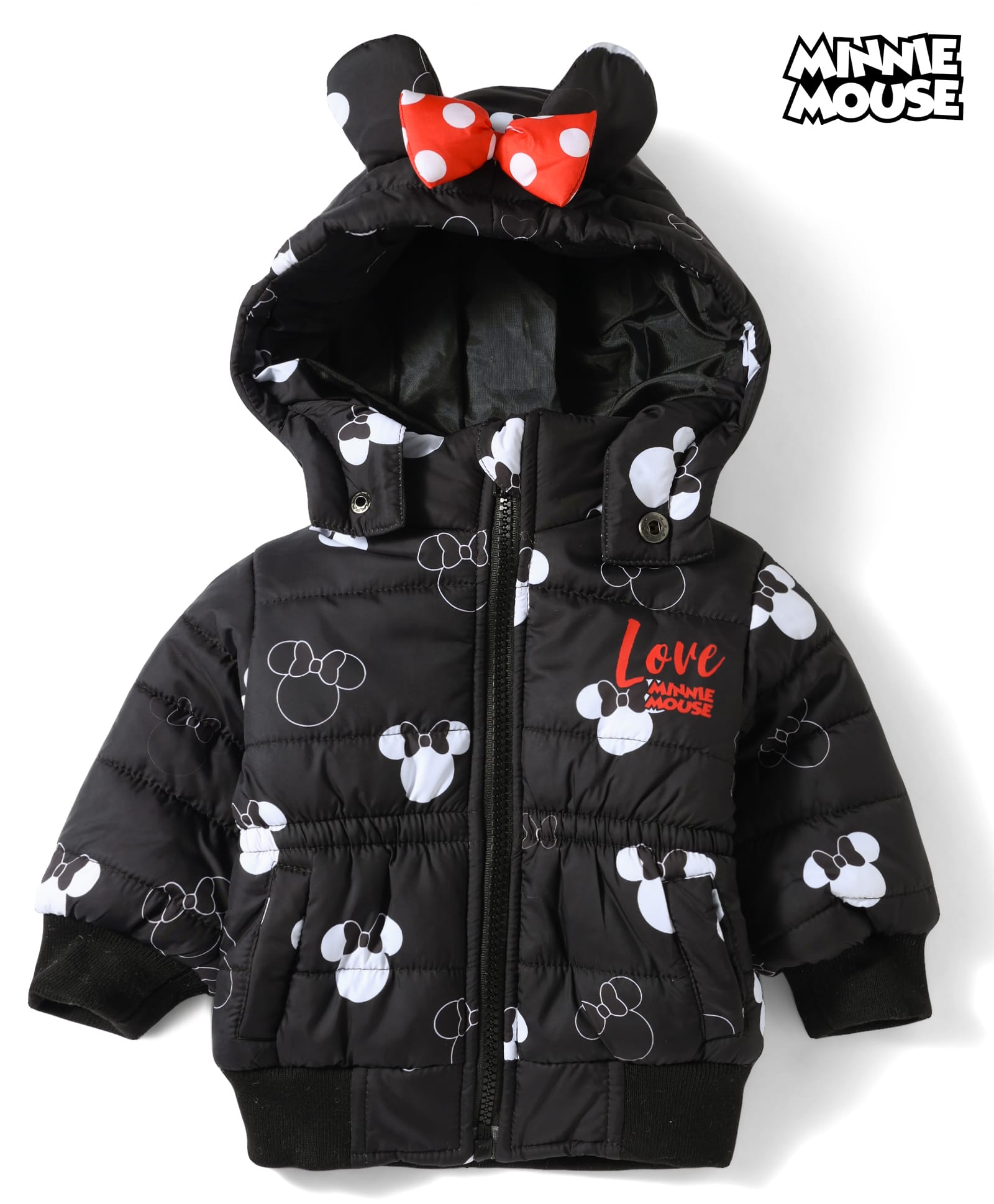 Babyhug Disney Woven Full Sleeves Hooded Winter Jacket With Minnie Mouse Print & Ear Bow Applique - Black-picture-20