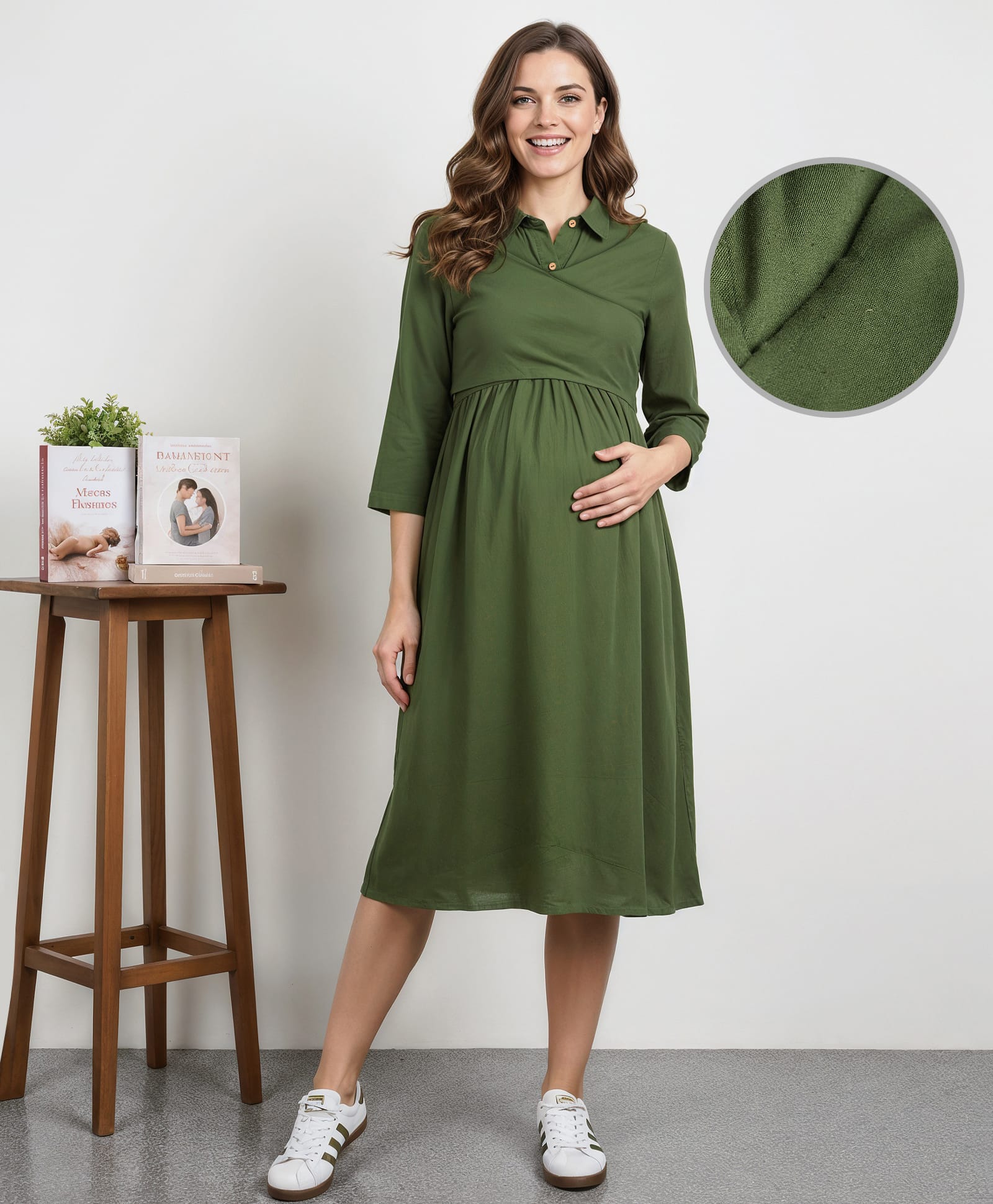 Bella Mama Woven Three Fourth Sleeves Solid Maternity Overlapping Front Shirt Dress - Olive Green