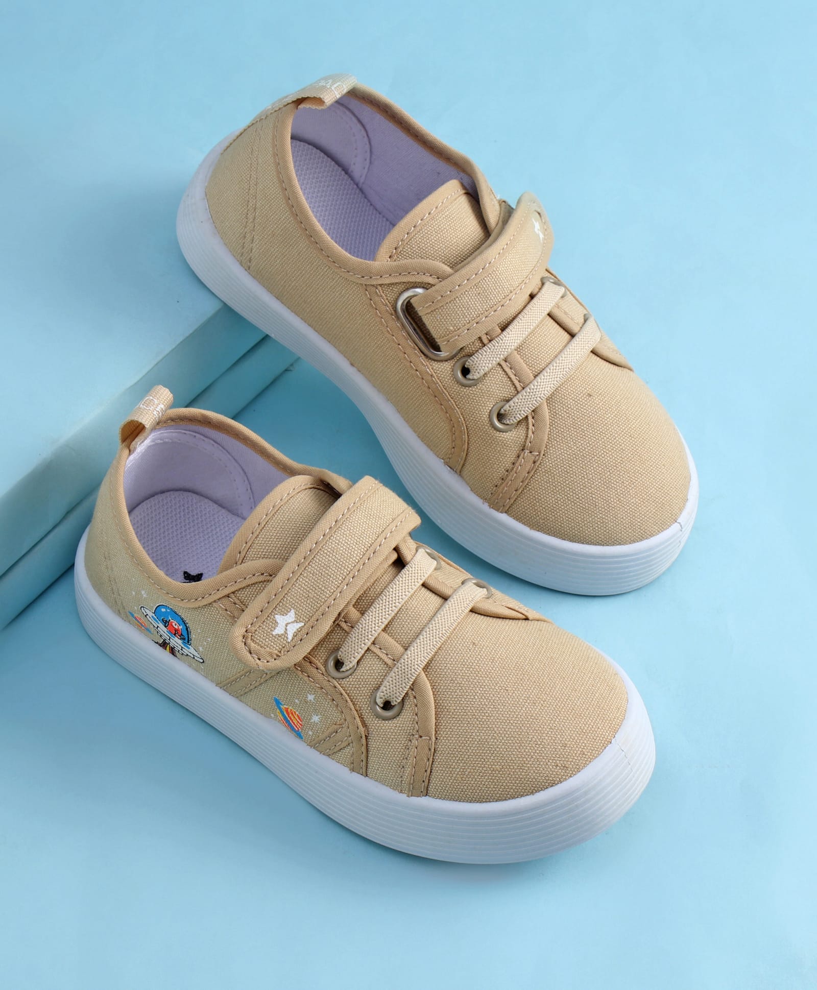 Cute Walk by Babyhug Casual Shoes with Velcro Closure & Space Theme Embroidery - Beige-image-39