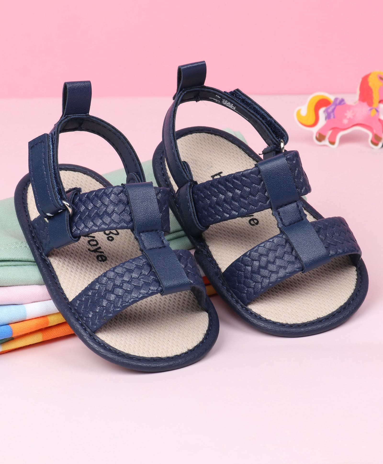 Babyoye Solid Color Booties with Velcro Closure & Zig Zag Design - Navy Blue