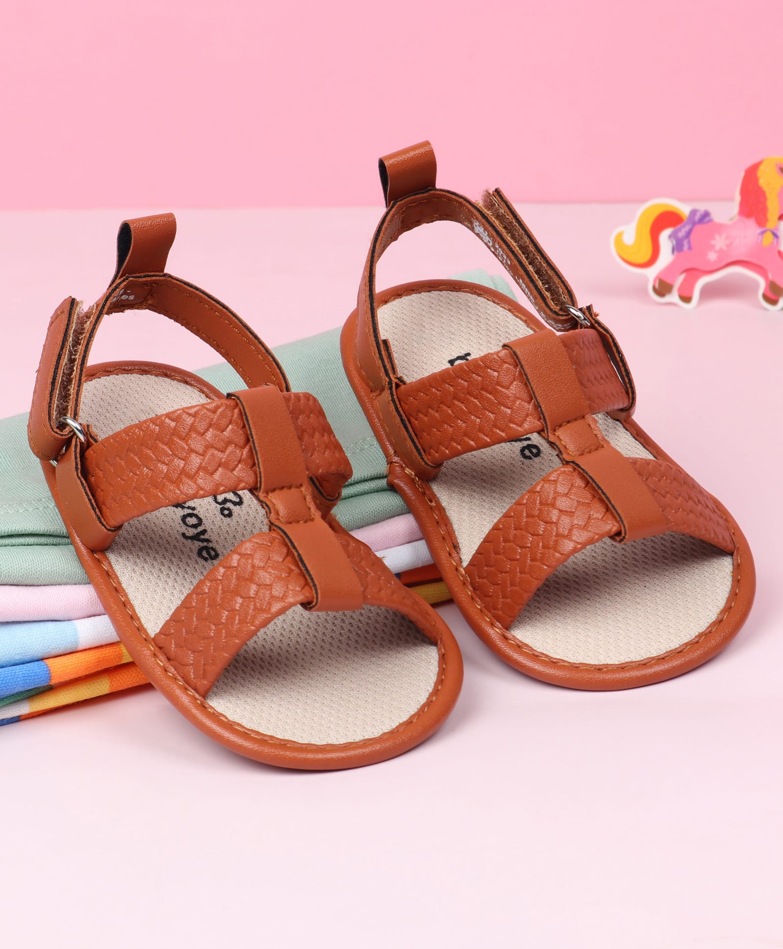 Babyoye Solid Color Booties with Velcro Closure & Zig Zag Design - Tan