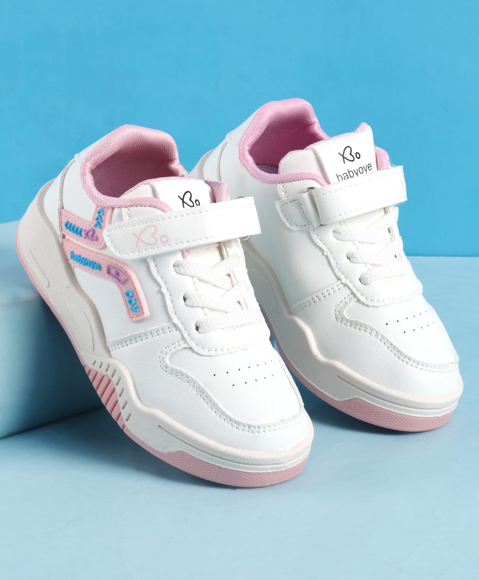 Babyoye Casual Shoes with Velcro Closure Lace Detailing & Brand Name & Logo Print - White & Pink-image-41
