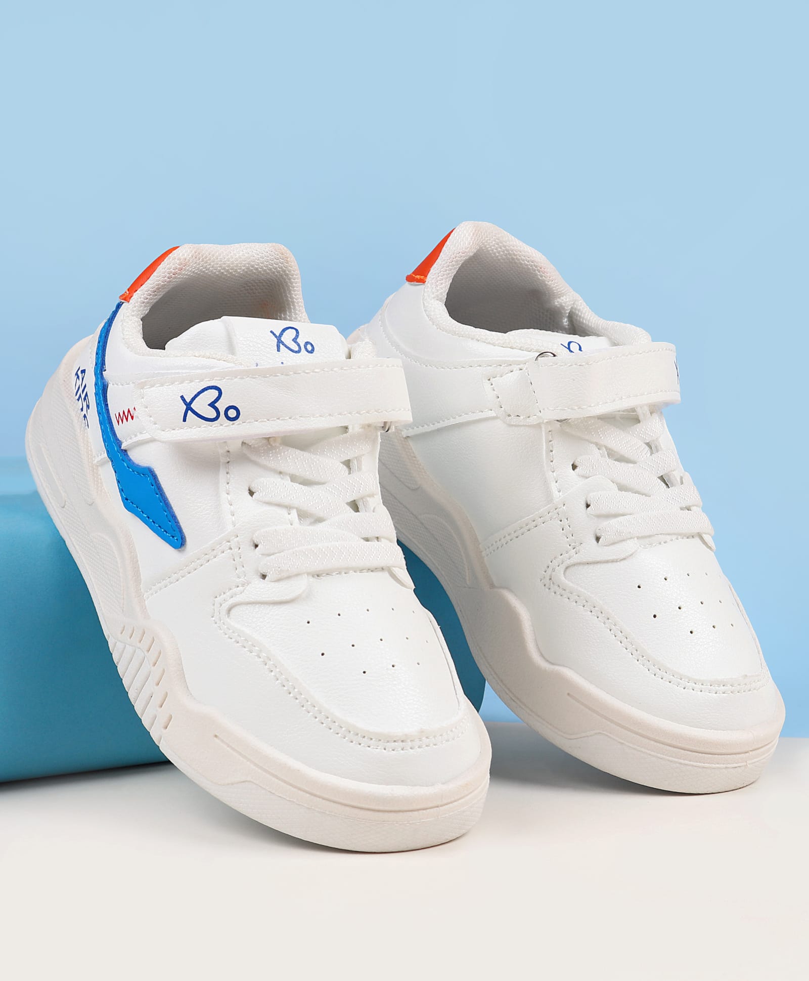 Babyoye Casual Shoes with Velcro Closure Lace Detailing & Logo Print - White & Blue-picture-30