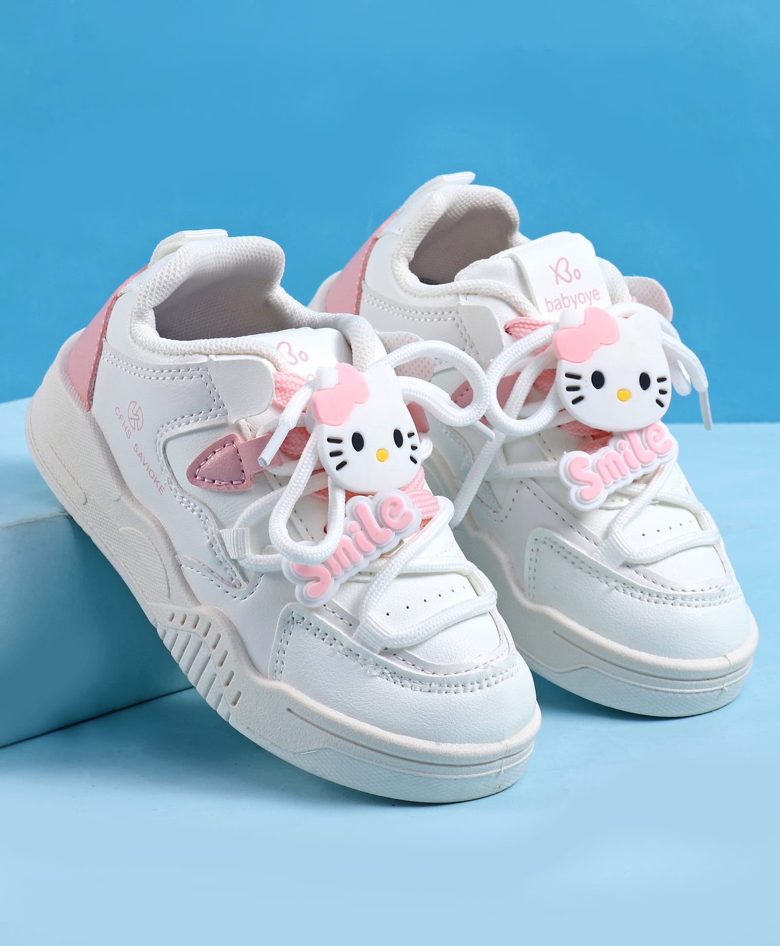 Babyoye Lace Up Casual Shoes with 3D Applique - White & Pink-image-35