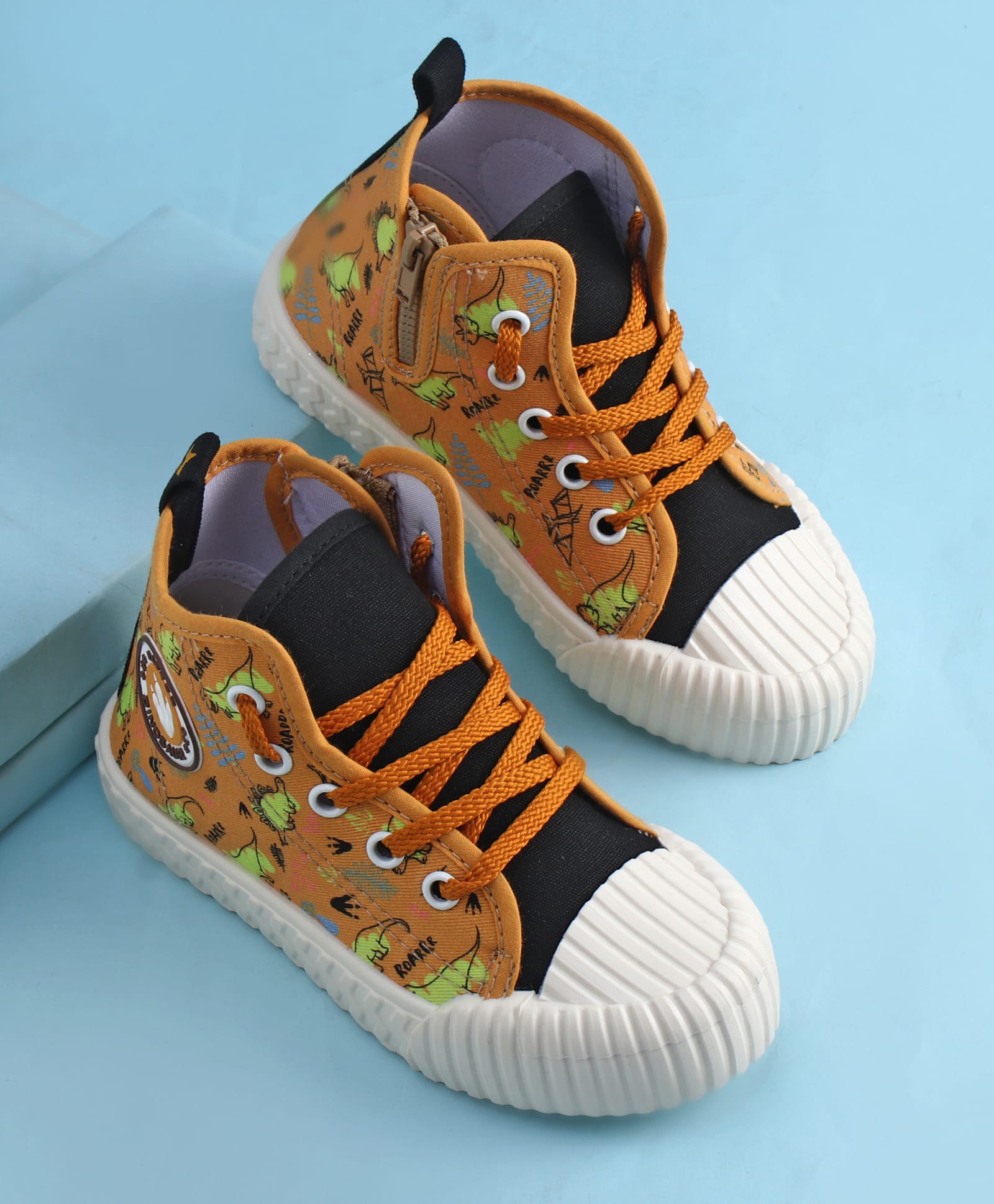 cute walk by babyhug casual lace up shoes with dino print - yellow