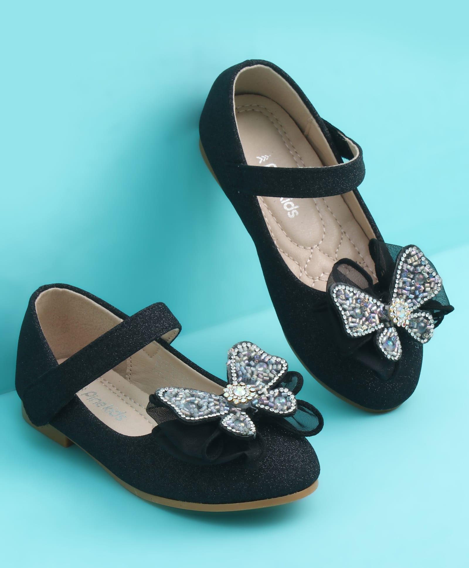 Pine Kids Velcro Closure Closed Toe Ballerina with Bow Applique - Black