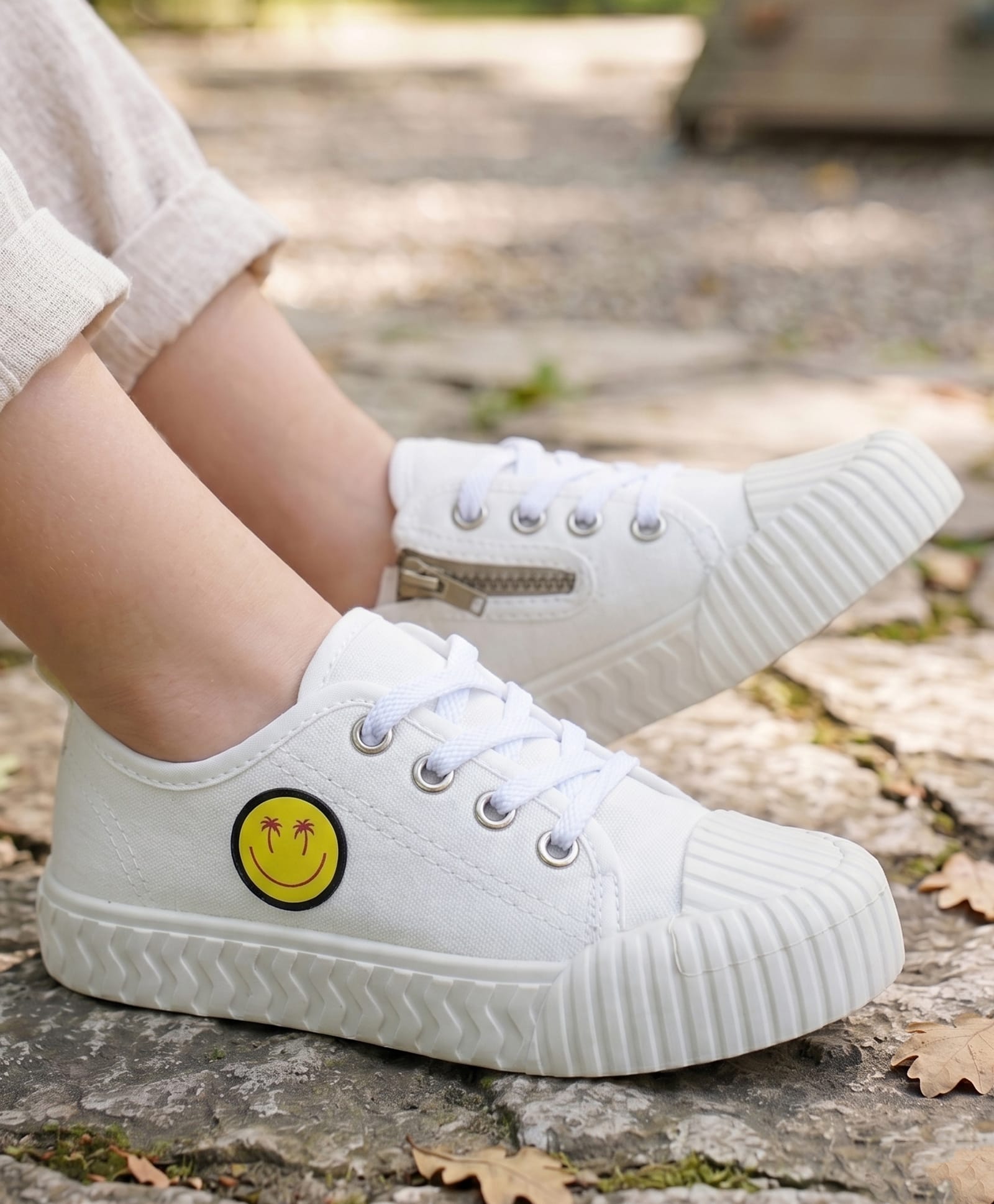 Pine Kids Lace Up Casual Shoes With Smiley Print - White-picture-25