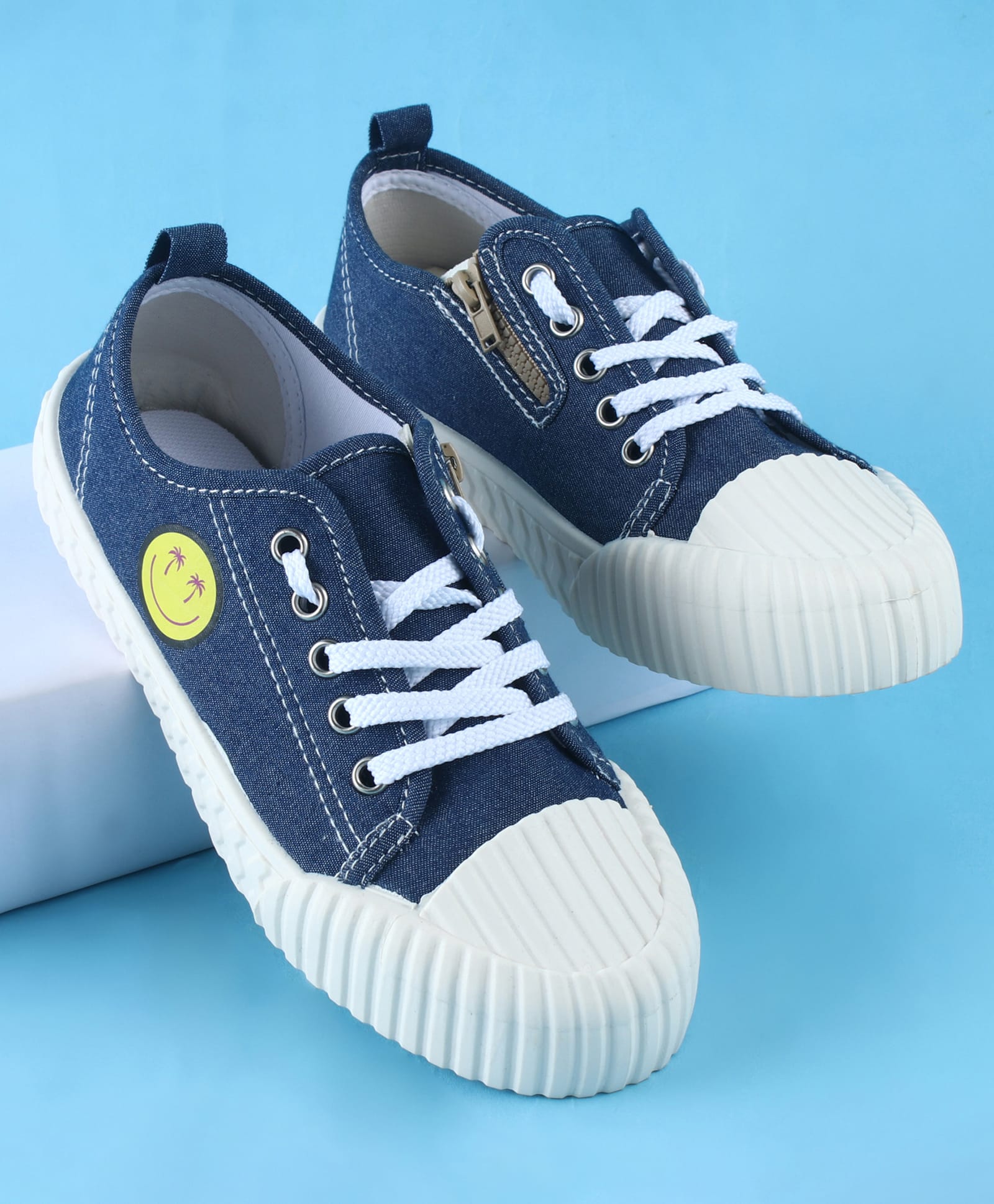 Pine Kids Lace Up Casual Shoes With Smiley Print - Blue-picture-26