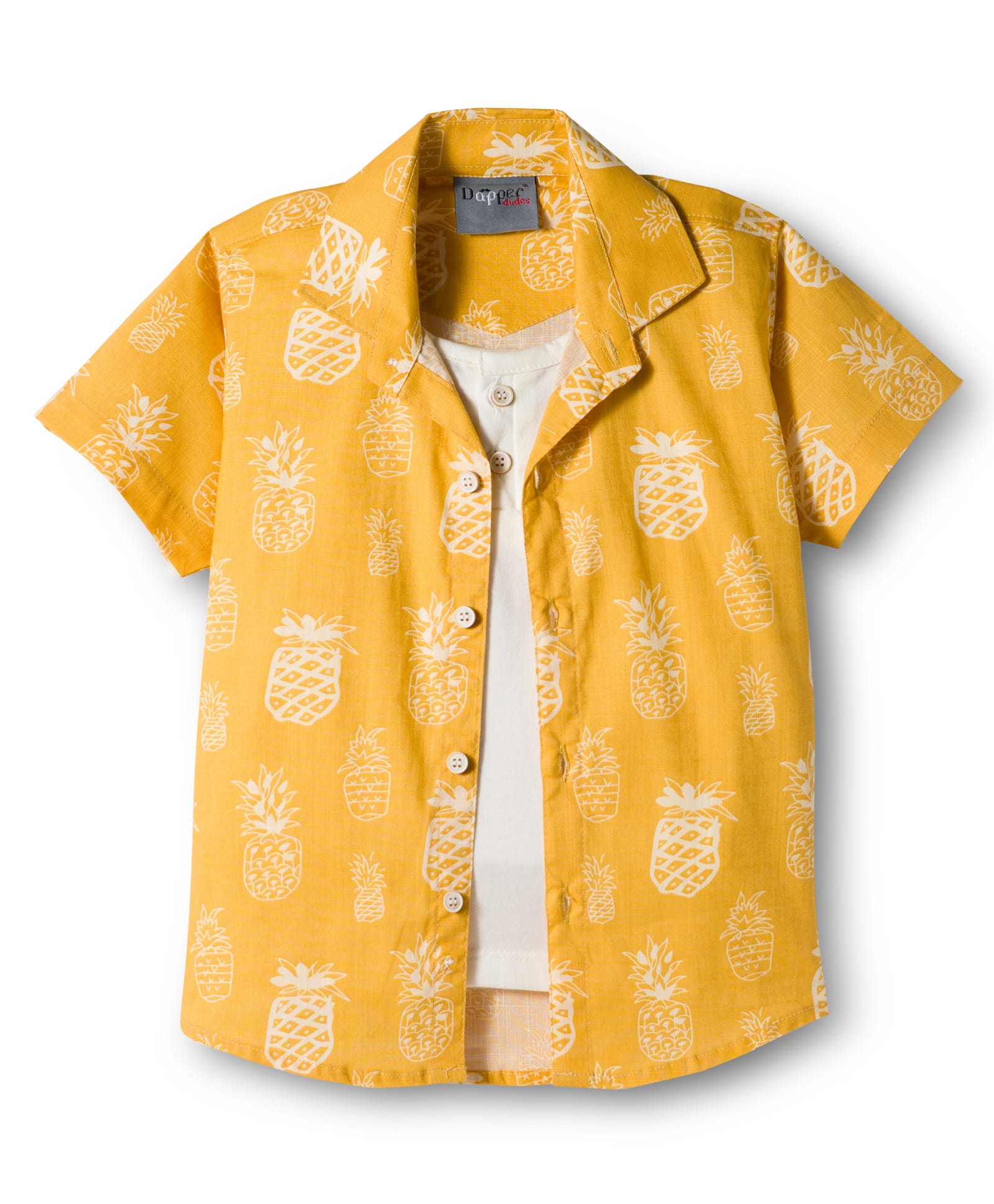 Dapper Dudes Half Sleeves Pineapple Printed Shirt With Attached Tee - Mustard-image-29