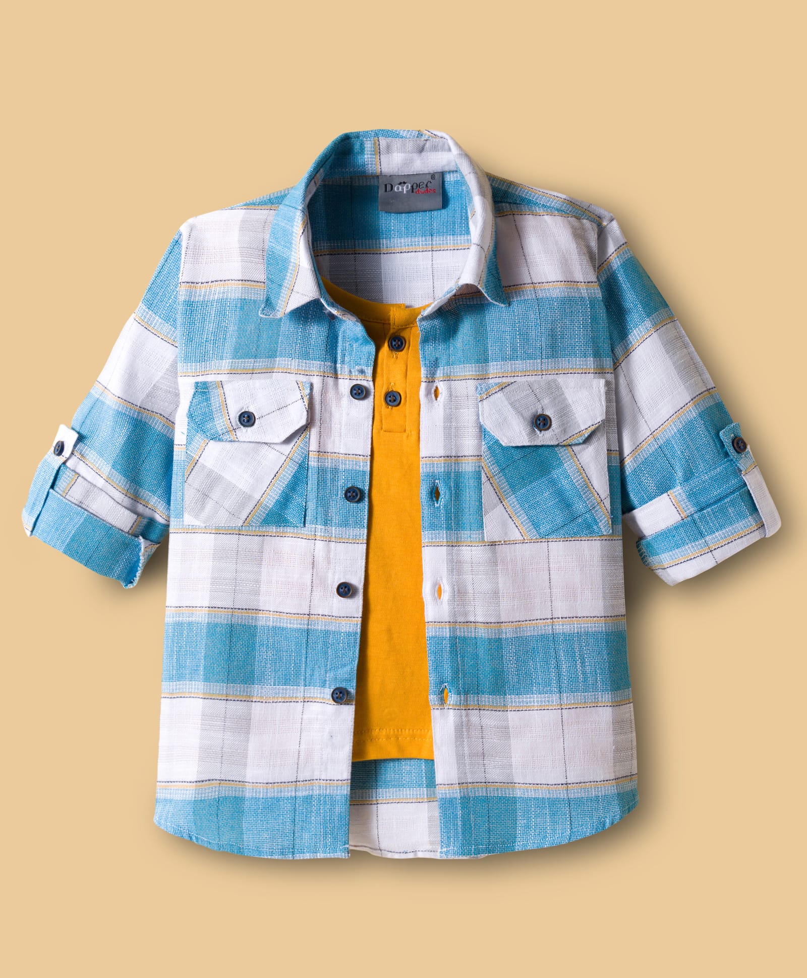 Dapper Dudes Full Sleeves Checked Shirt With Attached Tee - Yellow-image-27