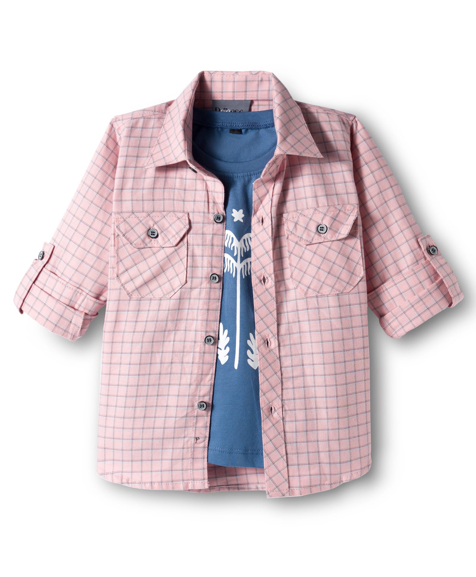 Dapper Dudes Full Sleeves Checked Shirt With Palm Tree Printed Tee - Peach-picture-20