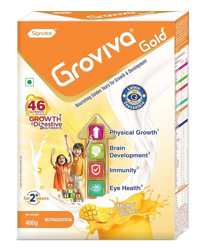 Groviva Gold Milk Protein Powder for Kids | 2-6 Years | 400 g Mango BIB| 46 Nutrients | Growth & Digestive Nutrients | Supports Physical Growth, Brain Development, Immunity & Eye Health