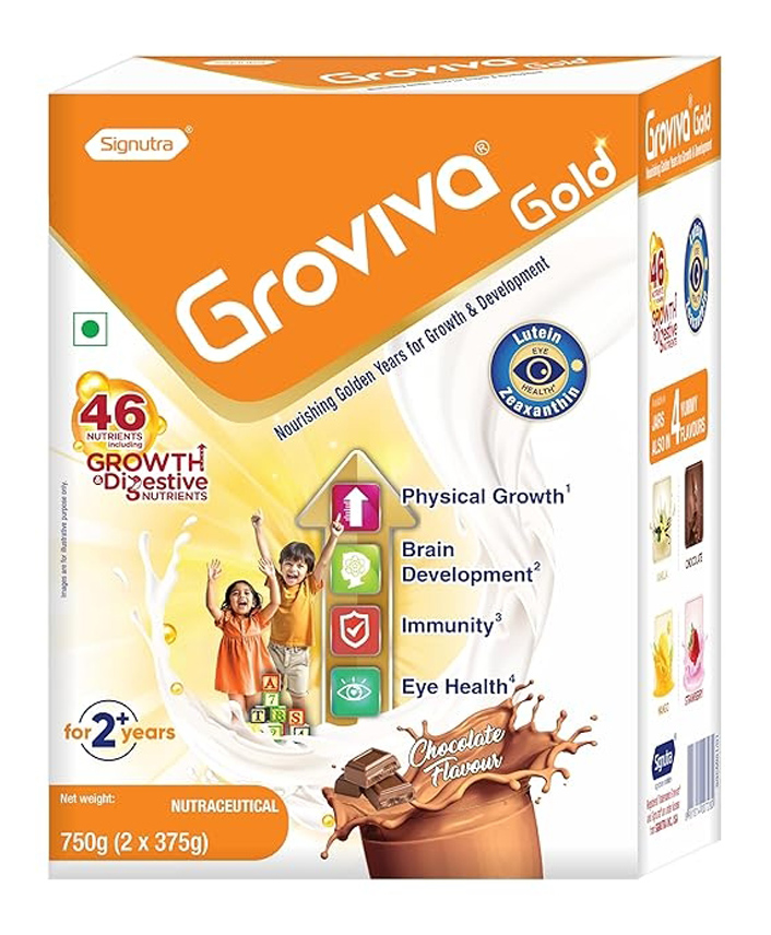 Groviva Gold Milk Protein Powder for Kids | 2-6 Years | 750 g Chocolate BIB| 46 Nutrients | Growth & Digestive Nutrients | Supports Physical Growth | Brain Development | Immunity & Eye Health