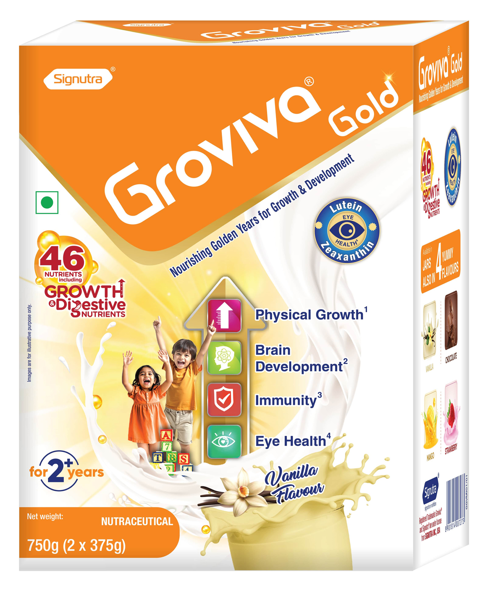 Groviva Gold Milk Protein Powder for Kids | 2-6 Years | 750g Vanilla BIB| 46 Nutrients | Growth & Digestive Nutrients | Supports Physical Growth, Brain Development, Immunity & Eye Health