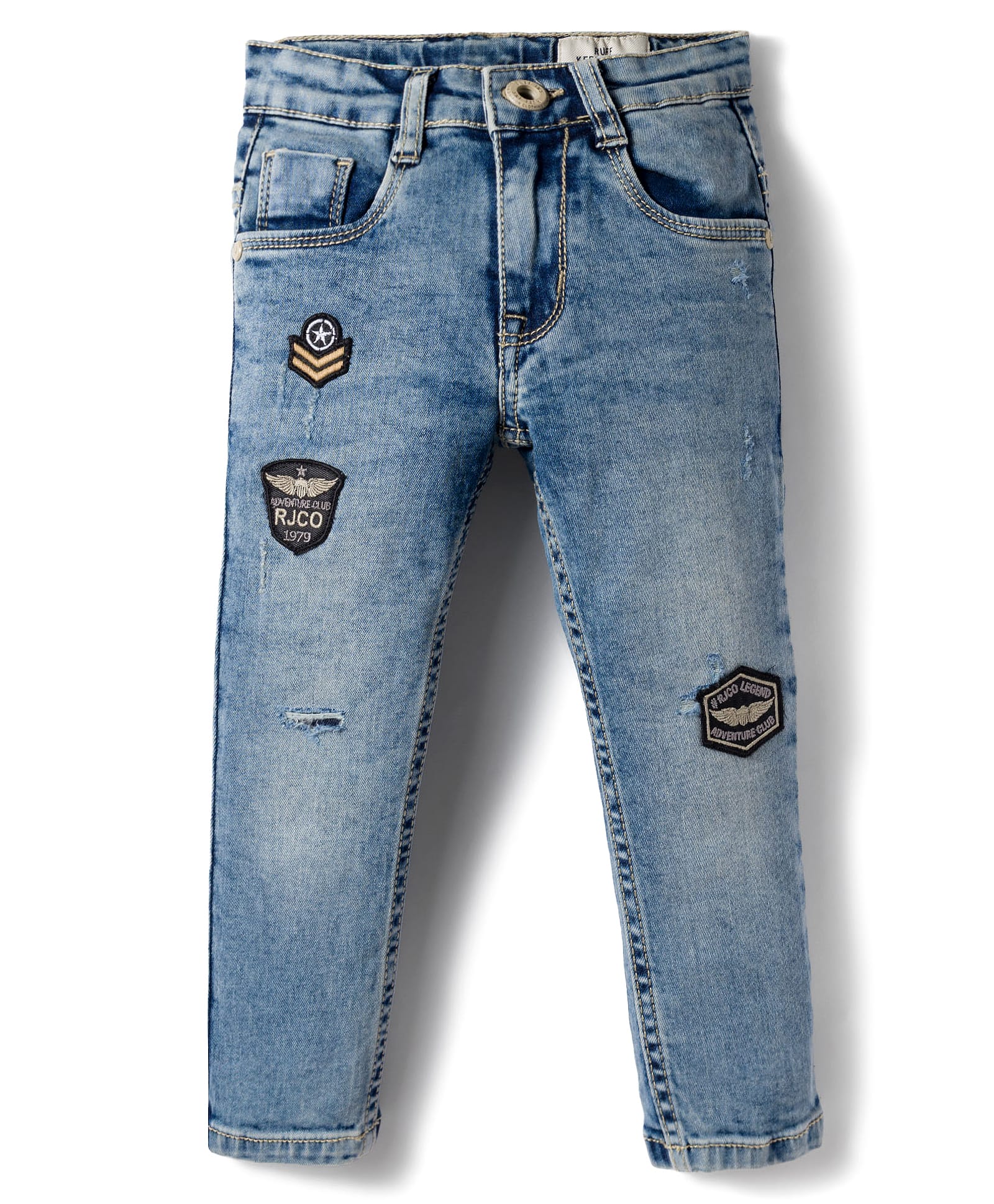 Ruff Cotton Denim Full Length Washed Jeans with Badge Detailing - Blue-picture-36