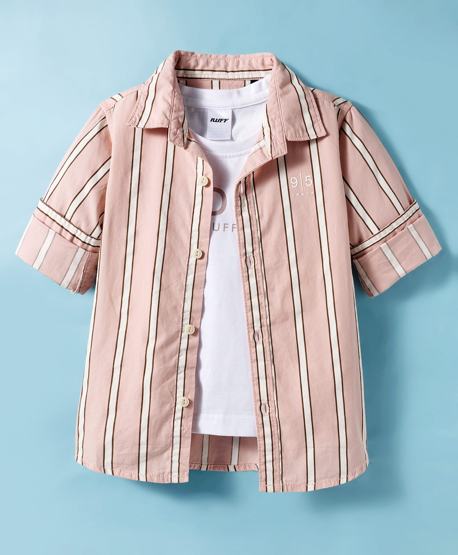 Ruff 100% Cotton Woven Full Sleeves Poplin Striped Shirt with T-Shirt - Peach-picture-35