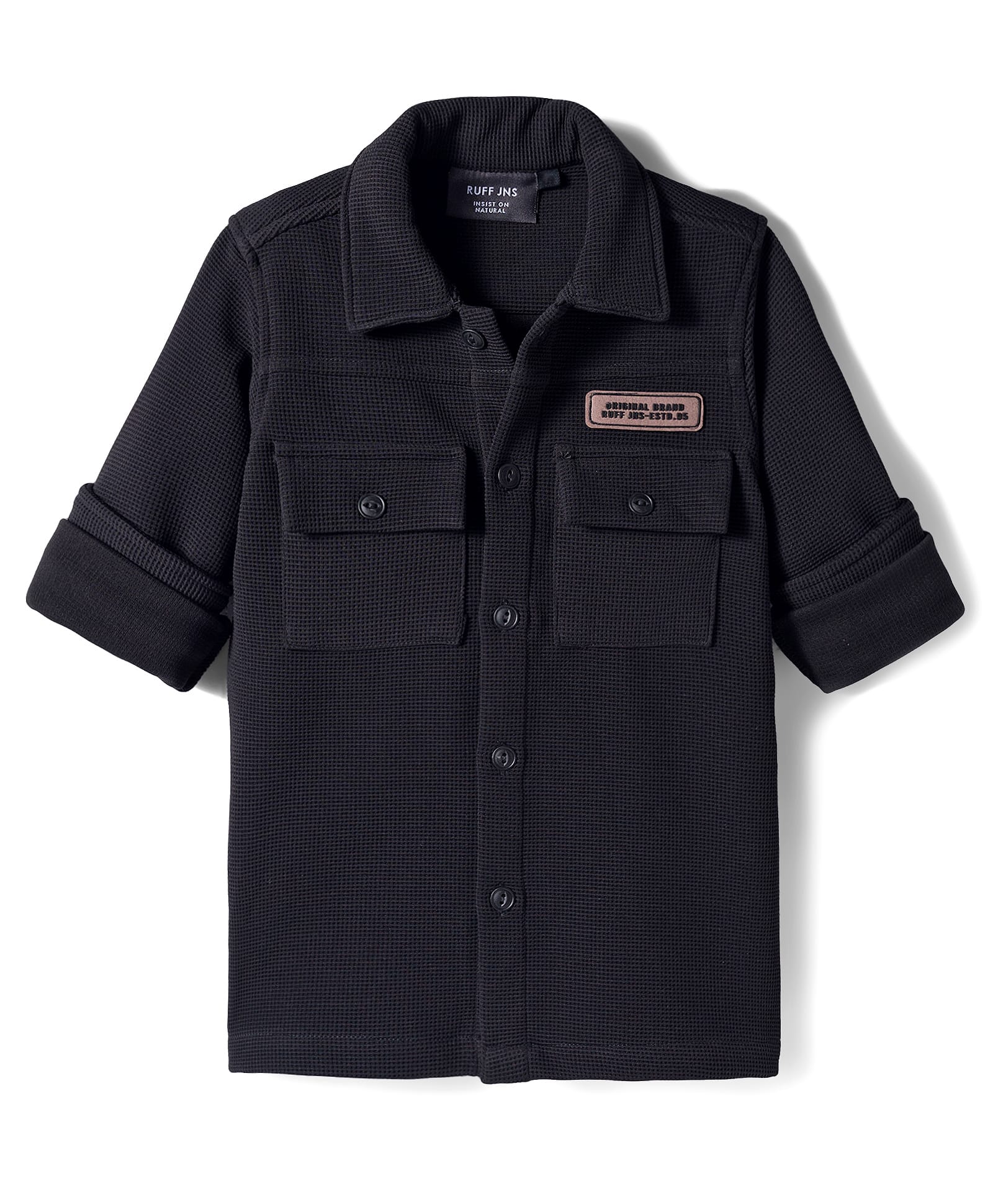 Ruff Jacquard Knit Full Sleeves Solid Cargo Shacket Shirt - Black-picture-16
