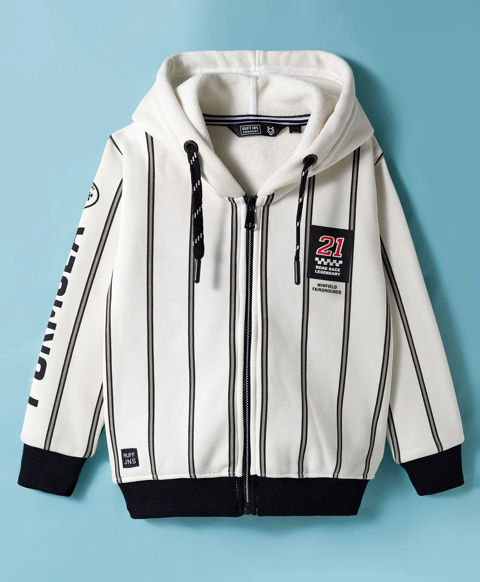Ruff Fleece Knit Full Sleeves Hooded SweatJacket with Stripes & Racer Print - Black-picture-18