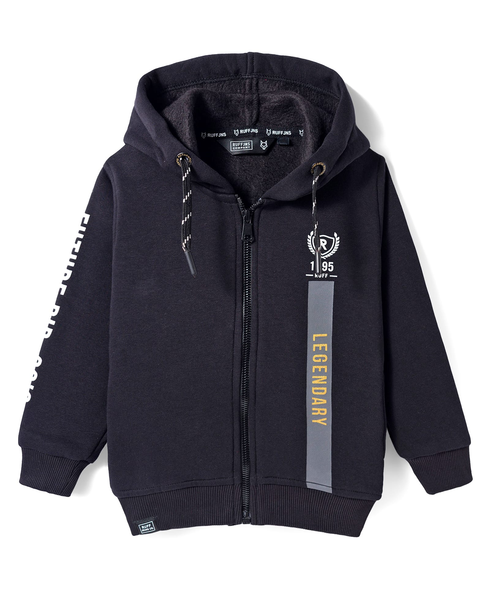 Ruff Fleece Knit Full Sleeves Hooded SweatJacket with Text Print - Black-picture-16