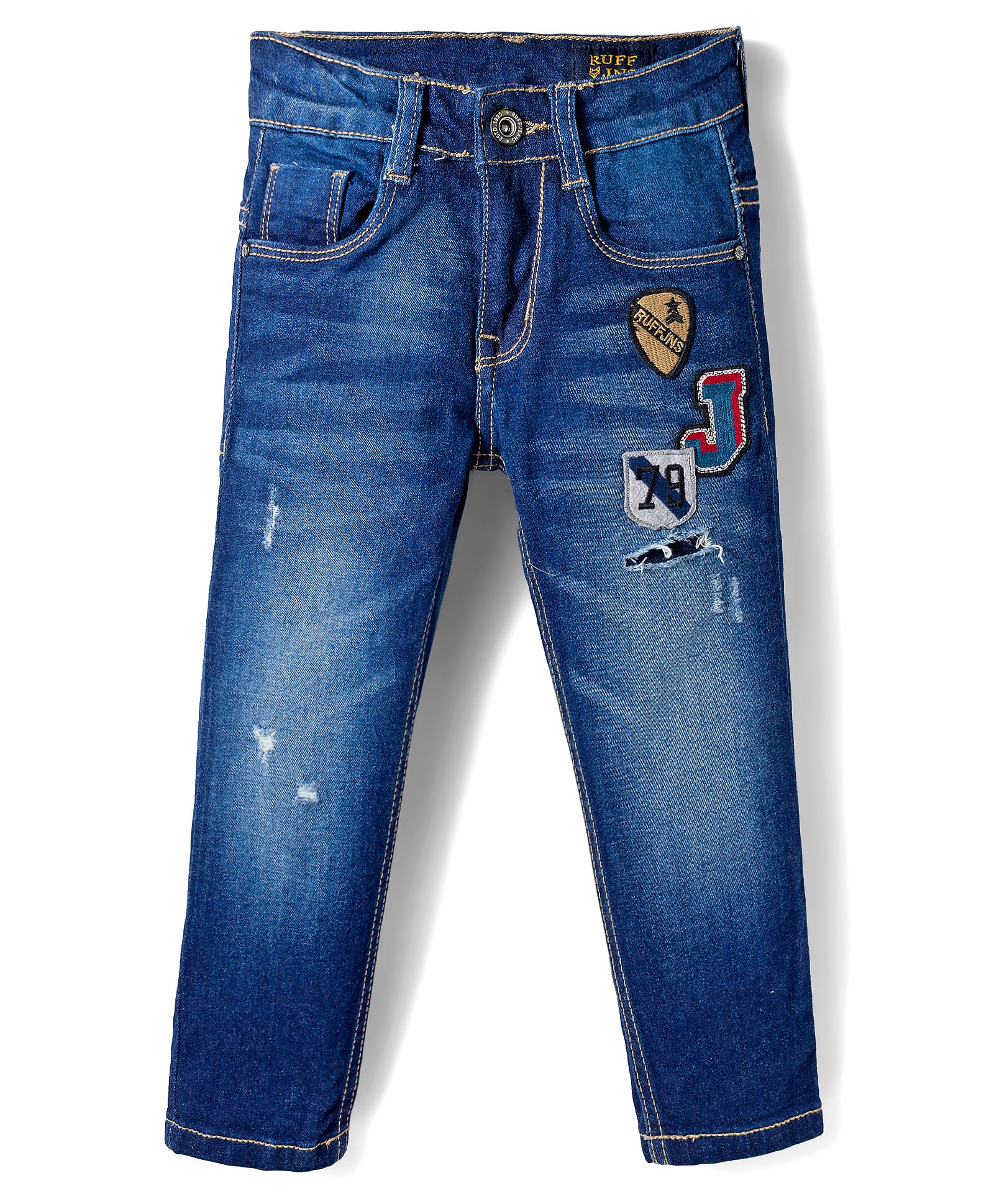 Ruff Cotton Denim Full Length Washed Jeans with Badge Detailing - Navy Blue-picture-34