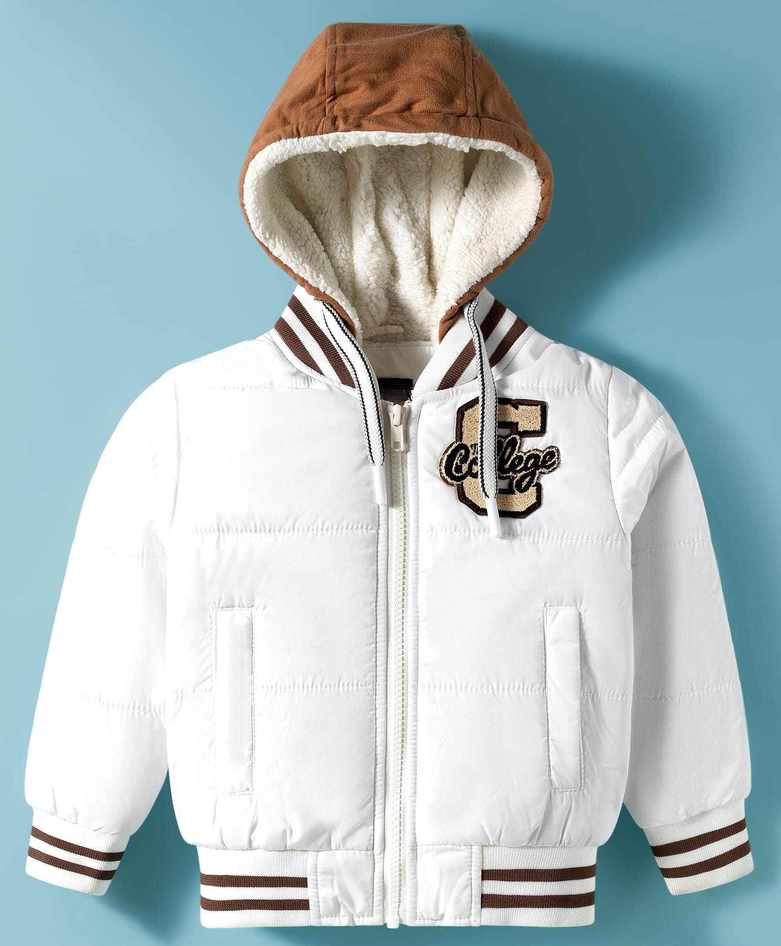 Ruff Full Sleeves Hooded Padded Jacket With College Embroidery - White-picture-16