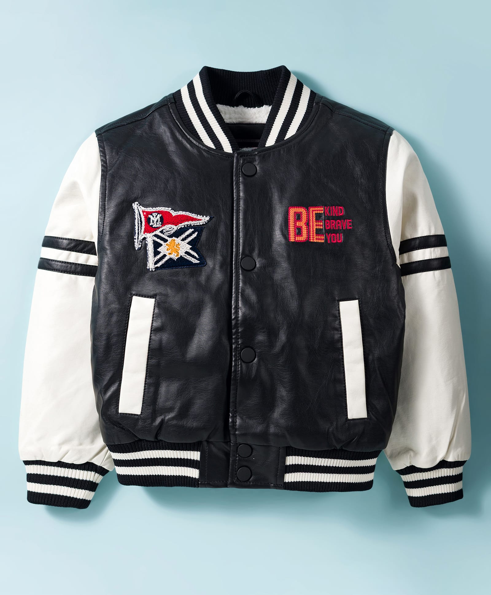 Ruff Full Sleeves Leather Bomber Jacket With Text Embroidery - Black-picture-28