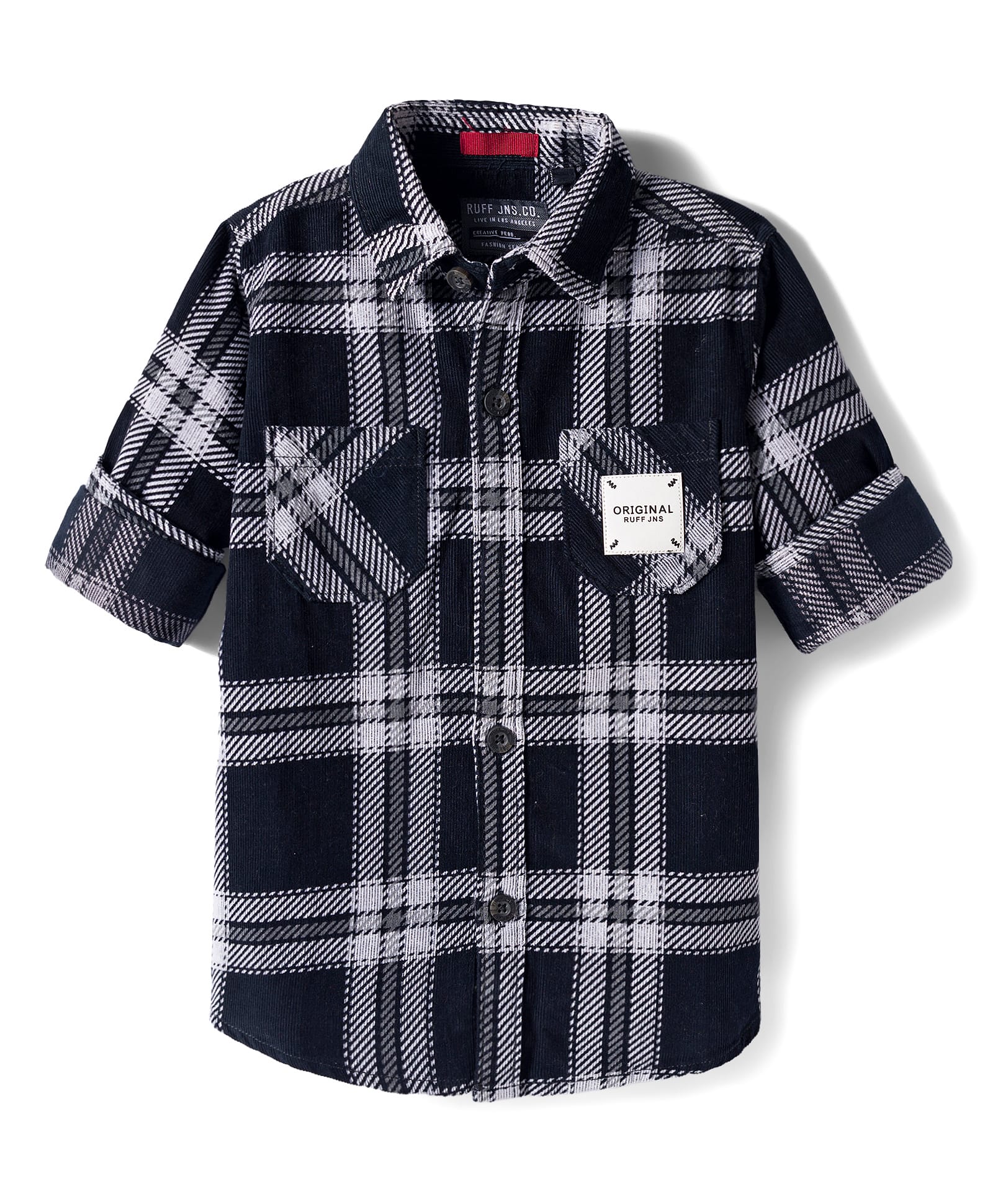 Ruff Corduroy Woven Full Sleeves Shirt With Checks & Text Patch - Black-image-37