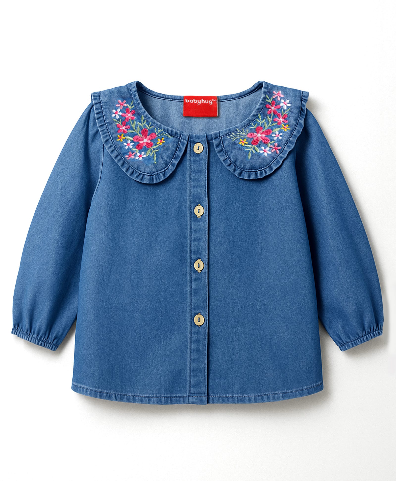 Babyhug Woven Full Sleeves Peter Pan Collar Front Open Denim Top With Floral Embroidery - Blue-image-24