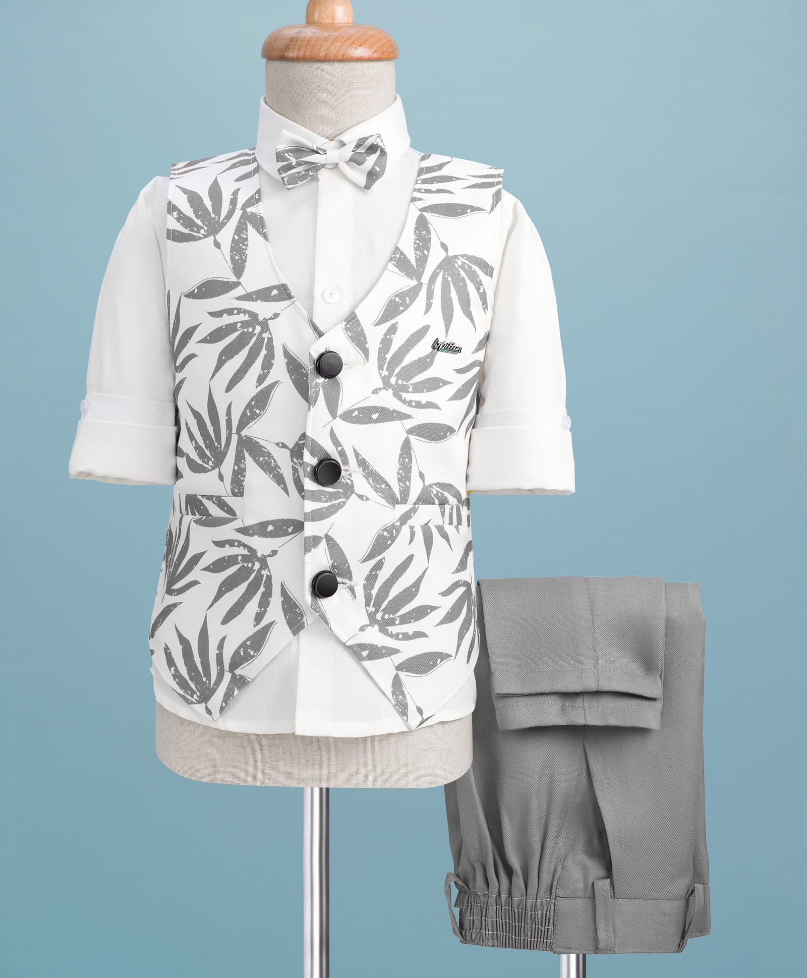Rikidoos Full Sleeves Leaves Printed 3 Piece Party Suit With Bow Set - White & Grey-image-49