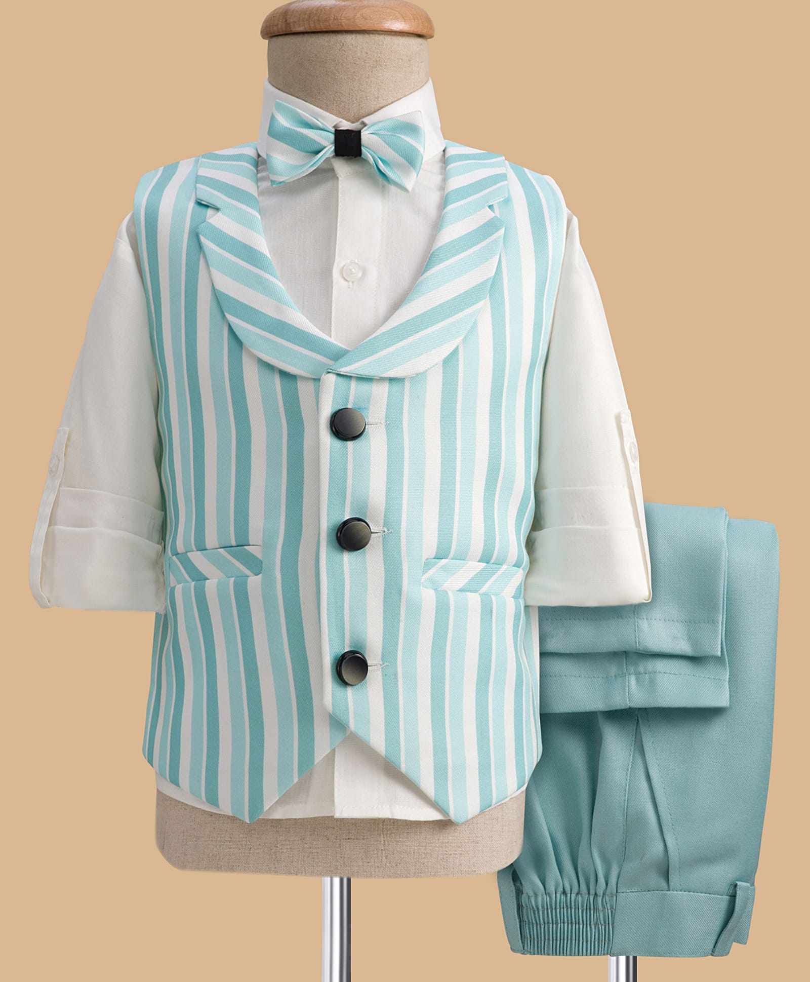 Rikidoos Full Sleeves Striped 3 Piece Party Suit With Bow Set - White & Sea Green-picture-48