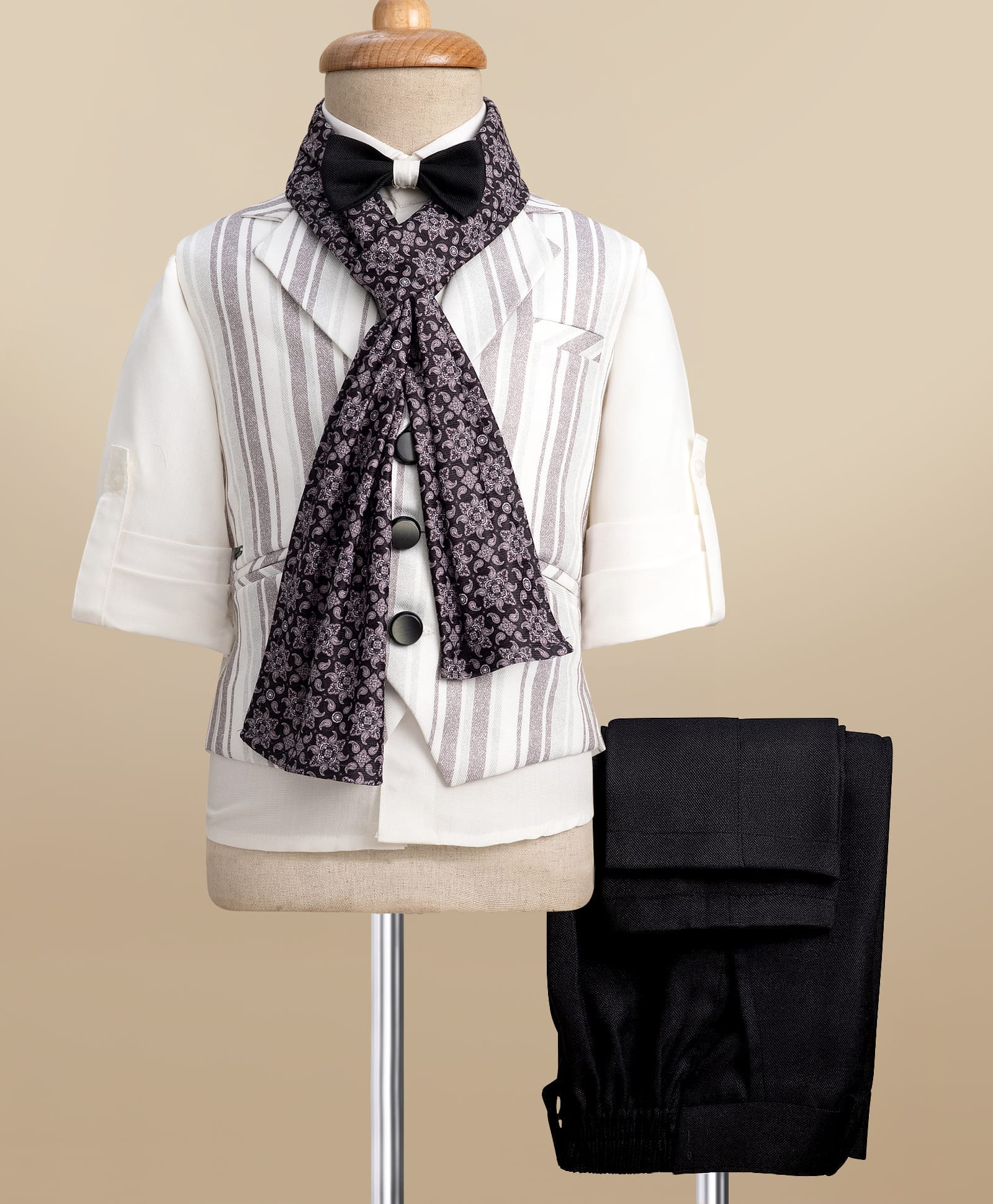 Rikidoos Full Sleeves Striped 3 Piece Party Suit Set With Bow & Muffler - White & Black-image-22
