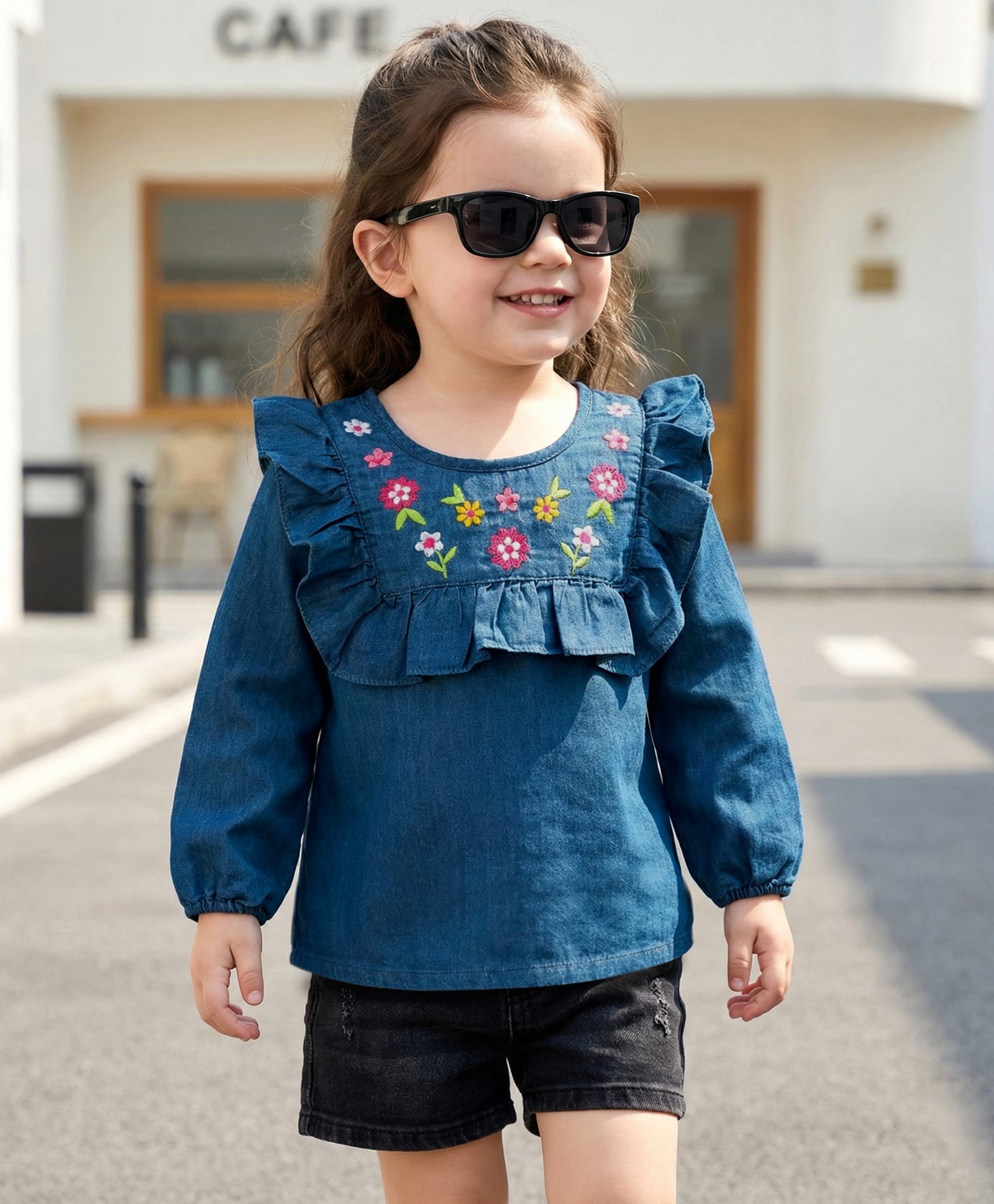 Babyhug Woven Denim Full Sleeves Top with Floral Embroidery & Frill Detailing- Blue