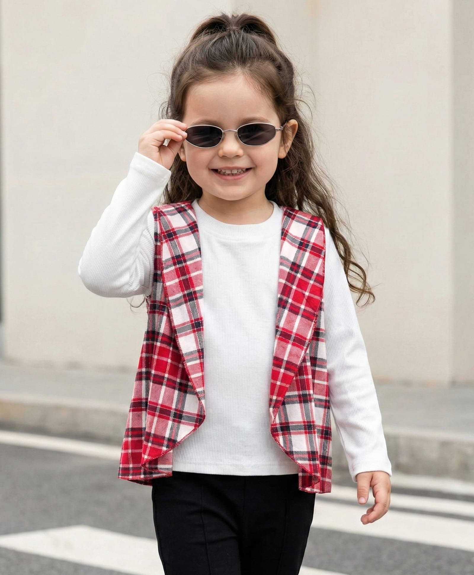 Babyhug 100% Cotton Knit Full Sleeves Top With Attached Checks Shrug - Red & White-image-40