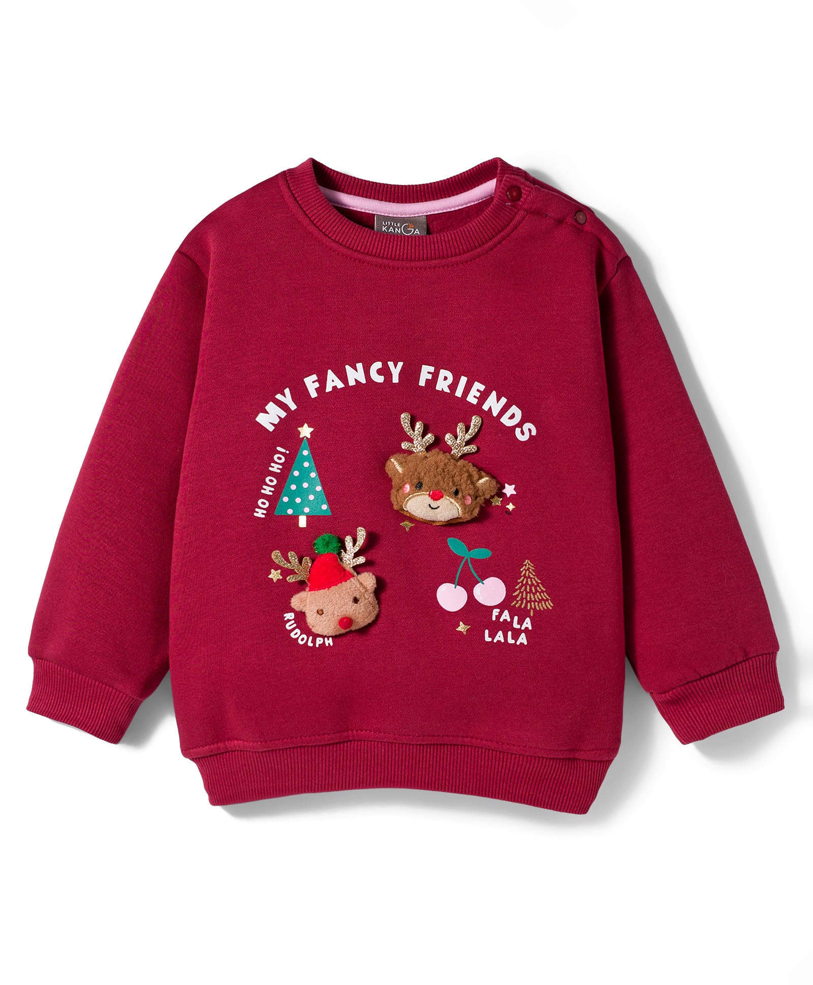 Little Kangaroos Fleece Knit Full Sleeves Sweatshirt with Christmas Theme Print and Applique - Maroon-image-35