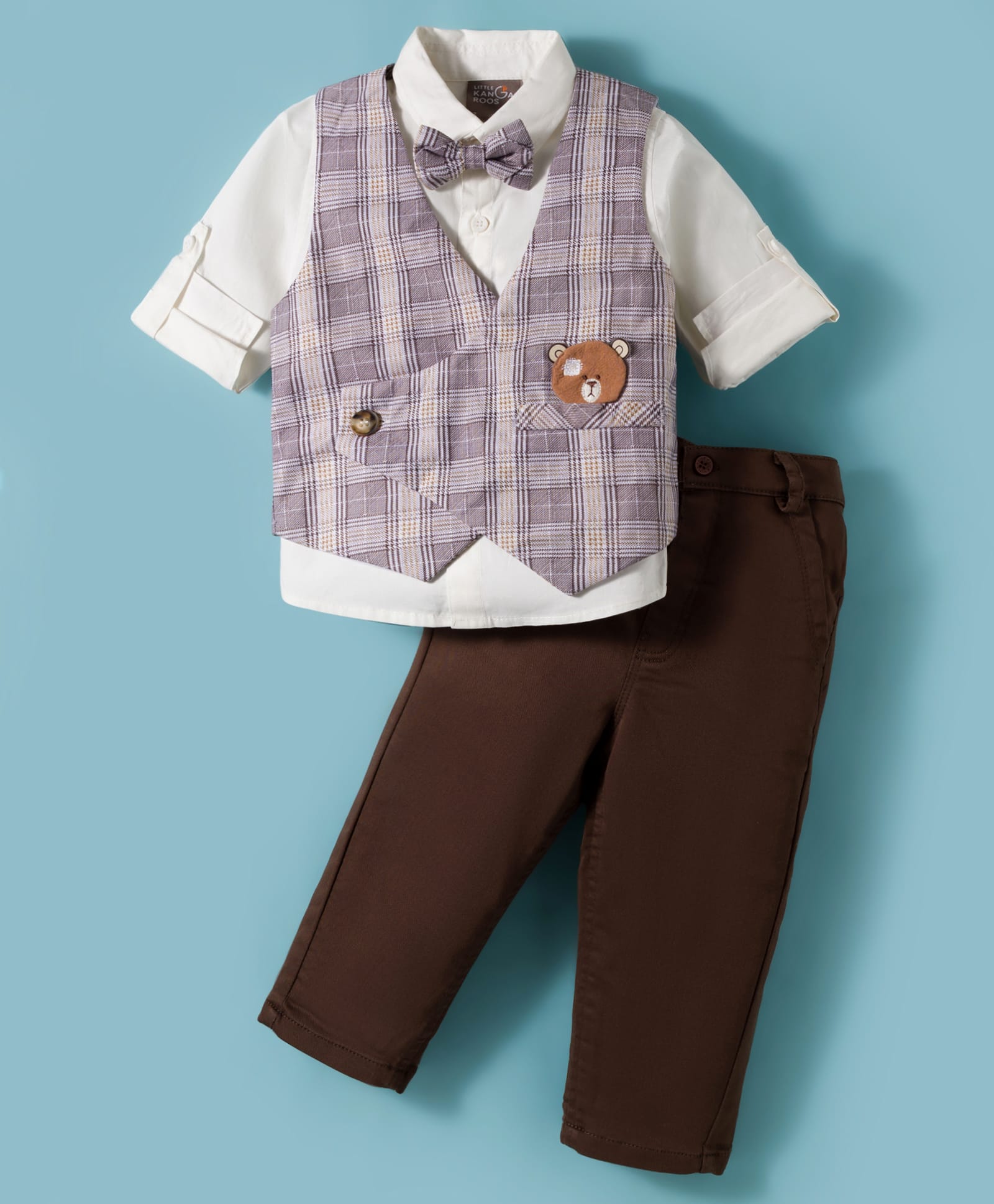 Little Kangaroos Cotton Woven Full Sleeves Winter Wear Shirt & Pant Set With Printed Jacket - Brown & White-image-37