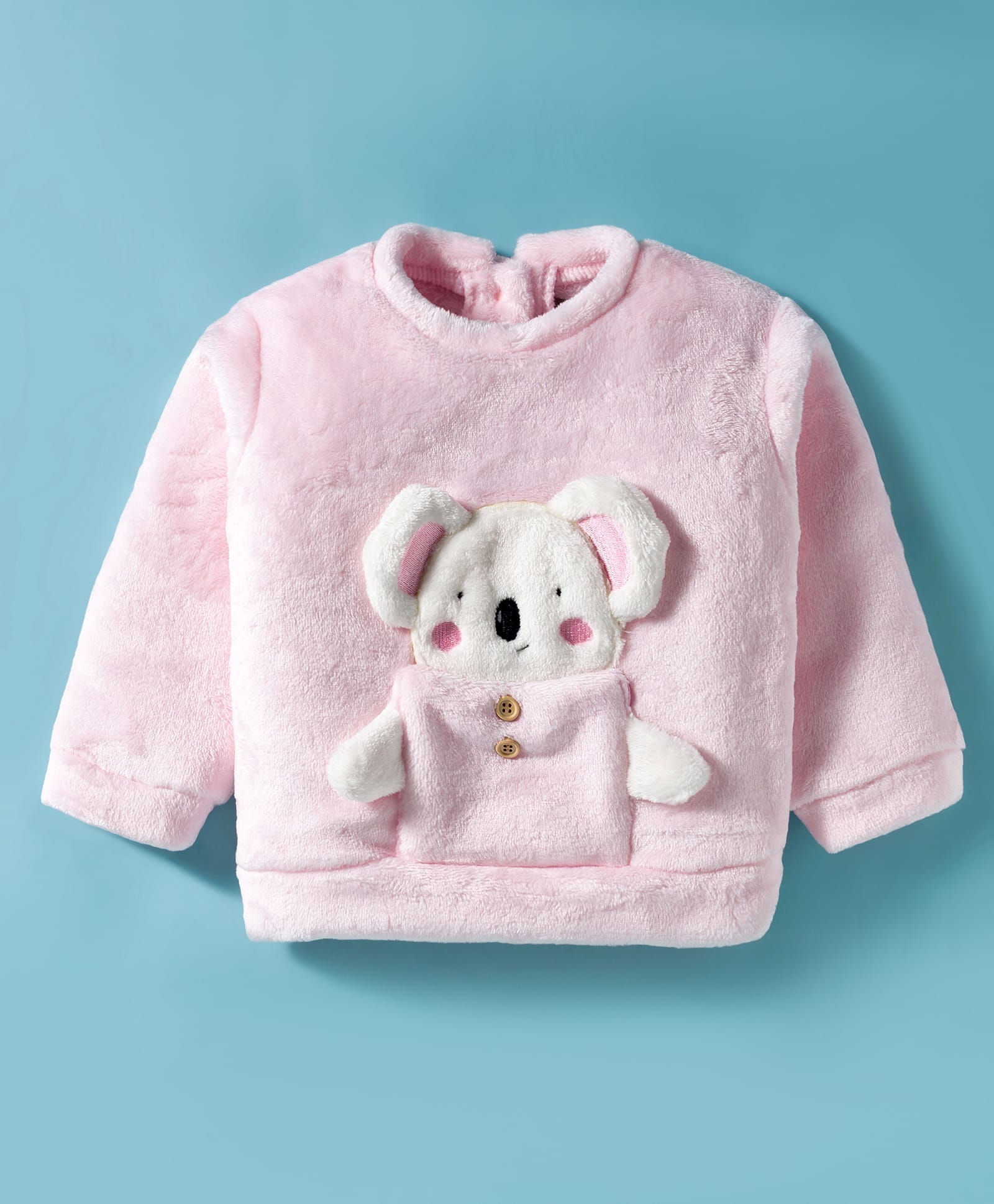 Little Kangaroos Fur Woven Full Sleeves Sweatshirt with Koala Applique - Baby Pink-image-47